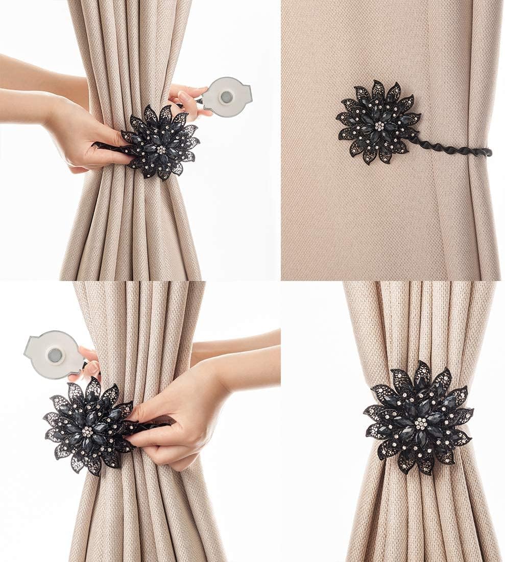 SUQ I OME Luxury Crystal Curtain Tieback with Magnetic Clip 2PCS Black