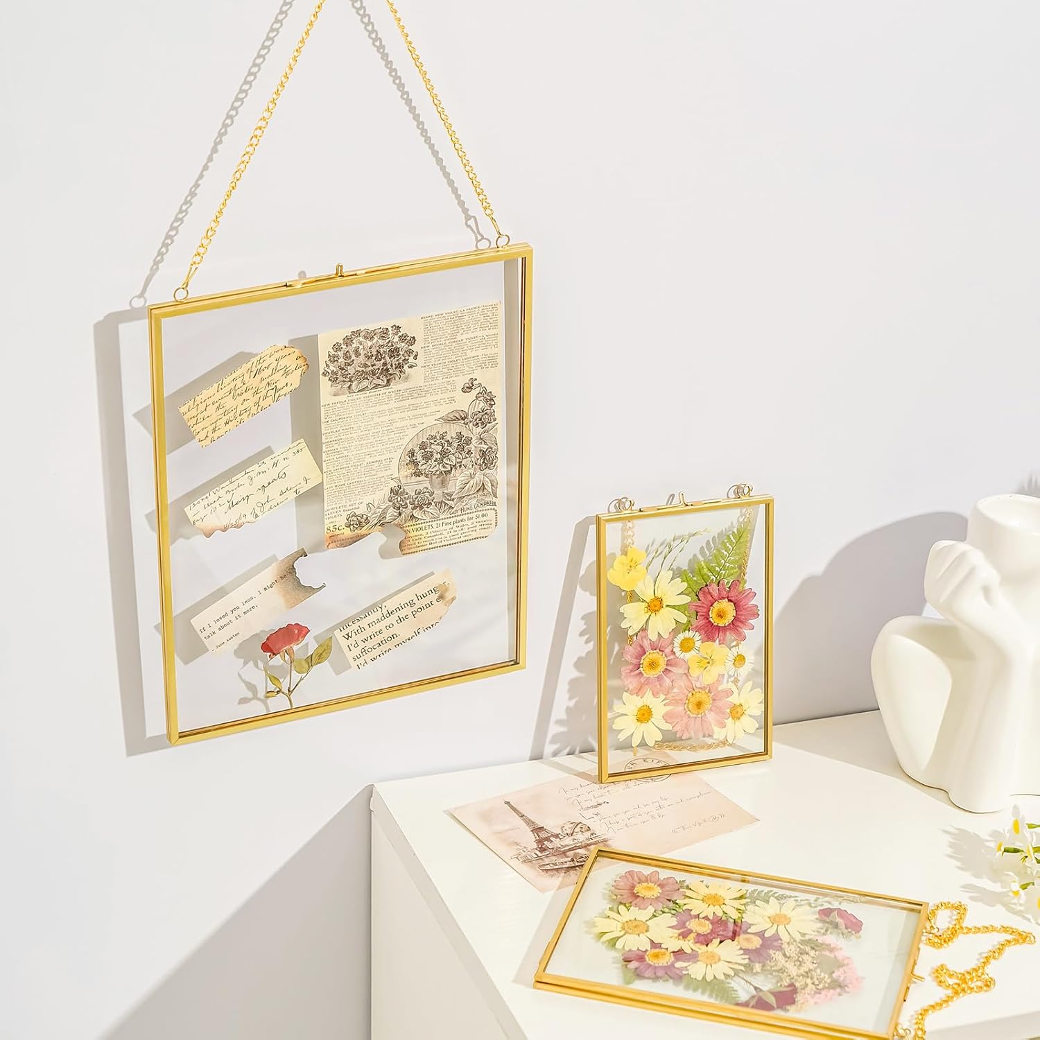 8x10 Pressed Flowers Gold Frame with Chain