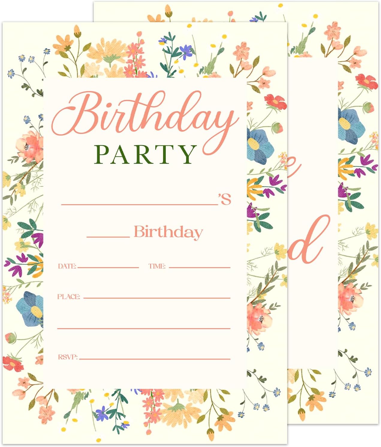Wildflower Birthday Invitation Cards with Envelopes - 20 Pack