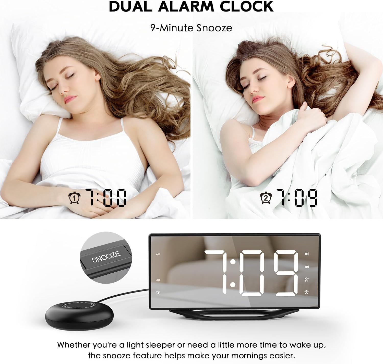 Vibrating Alarm Clock with LED Mirror and Bed Shaker