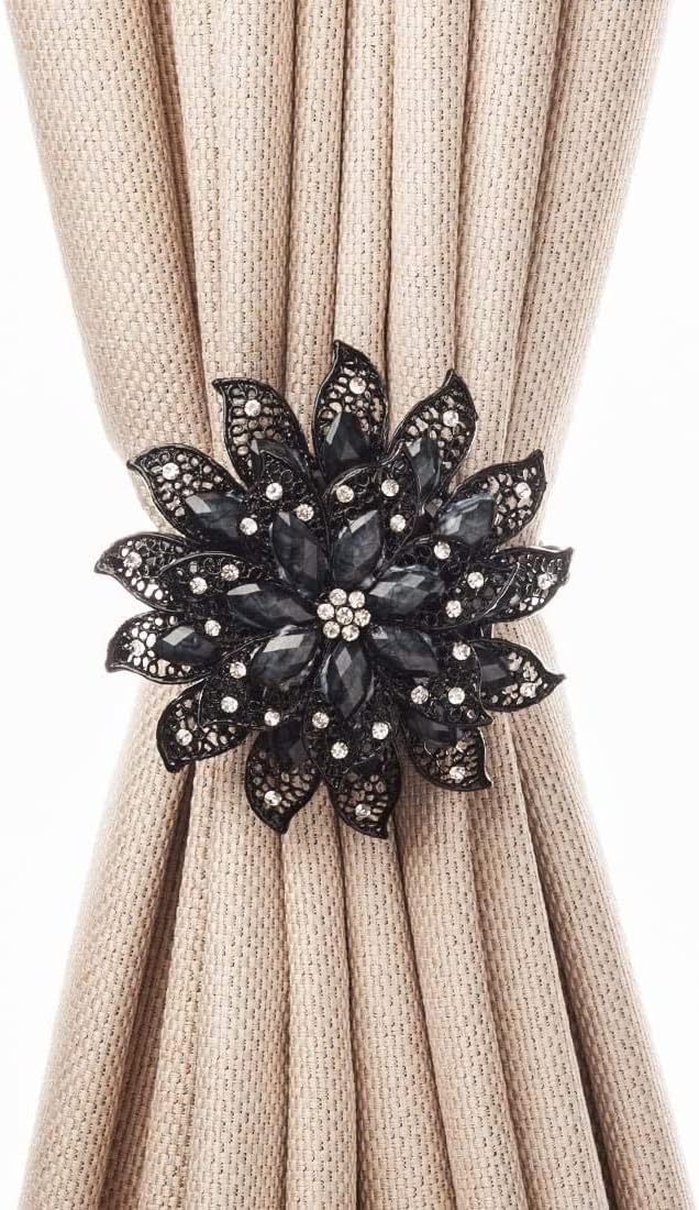 SUQ I OME Luxury Crystal Curtain Tieback with Magnetic Clip 2PCS Black