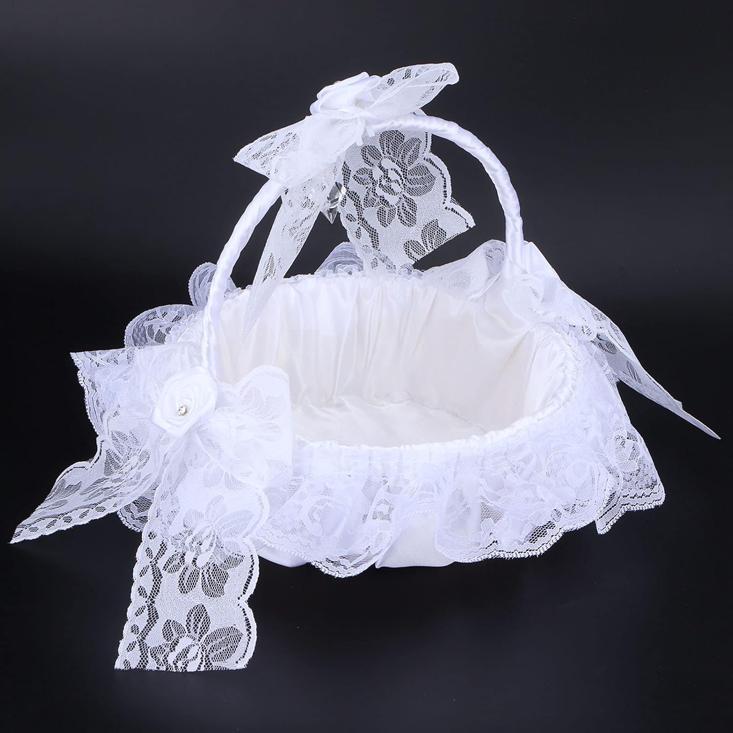 Wedding Flower Basket with White Lace and Rhinestone Bowknots