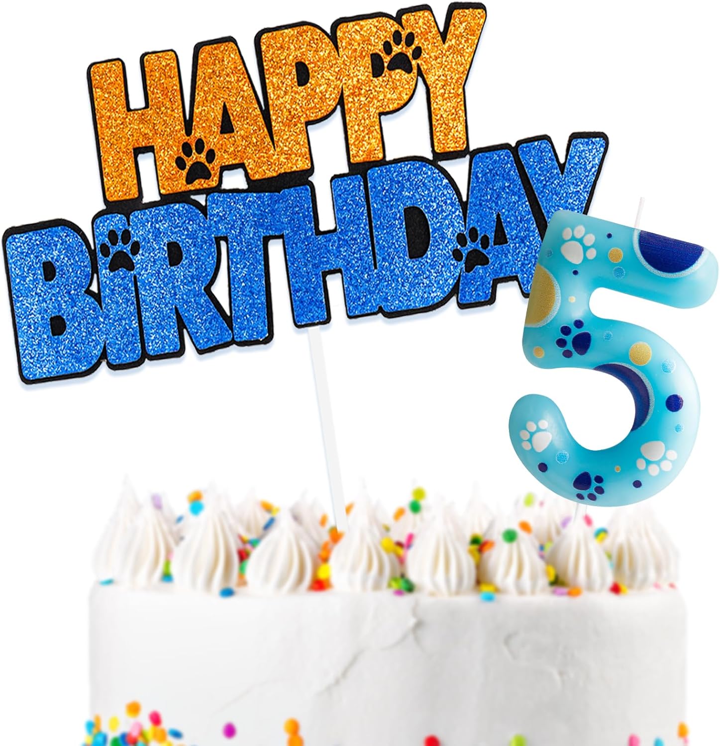 Dog Paw 5th Birthday Cake Decorations with Candles and Toppers