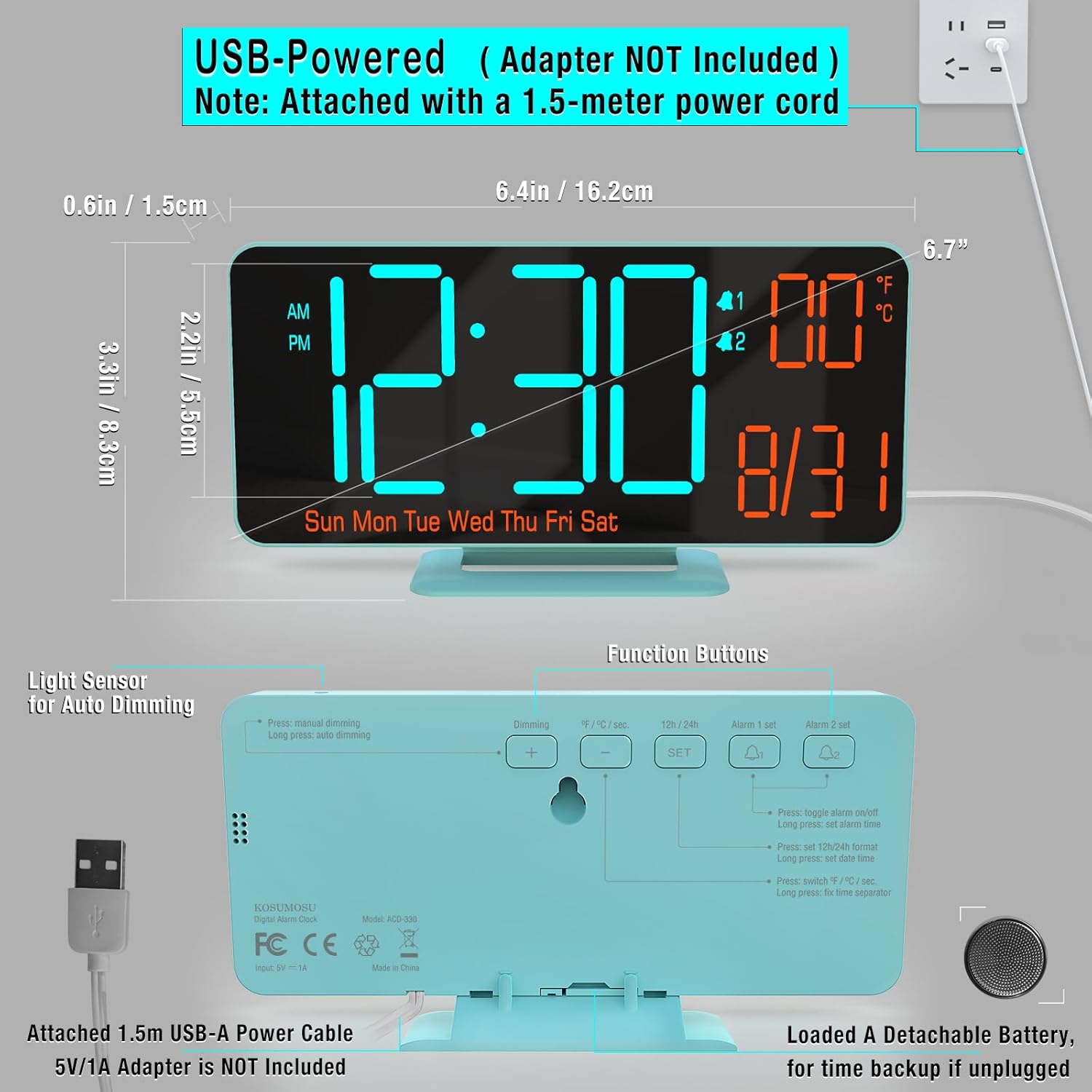 Kosumosu 67in Digital Alarm Clock with Auto Dimming