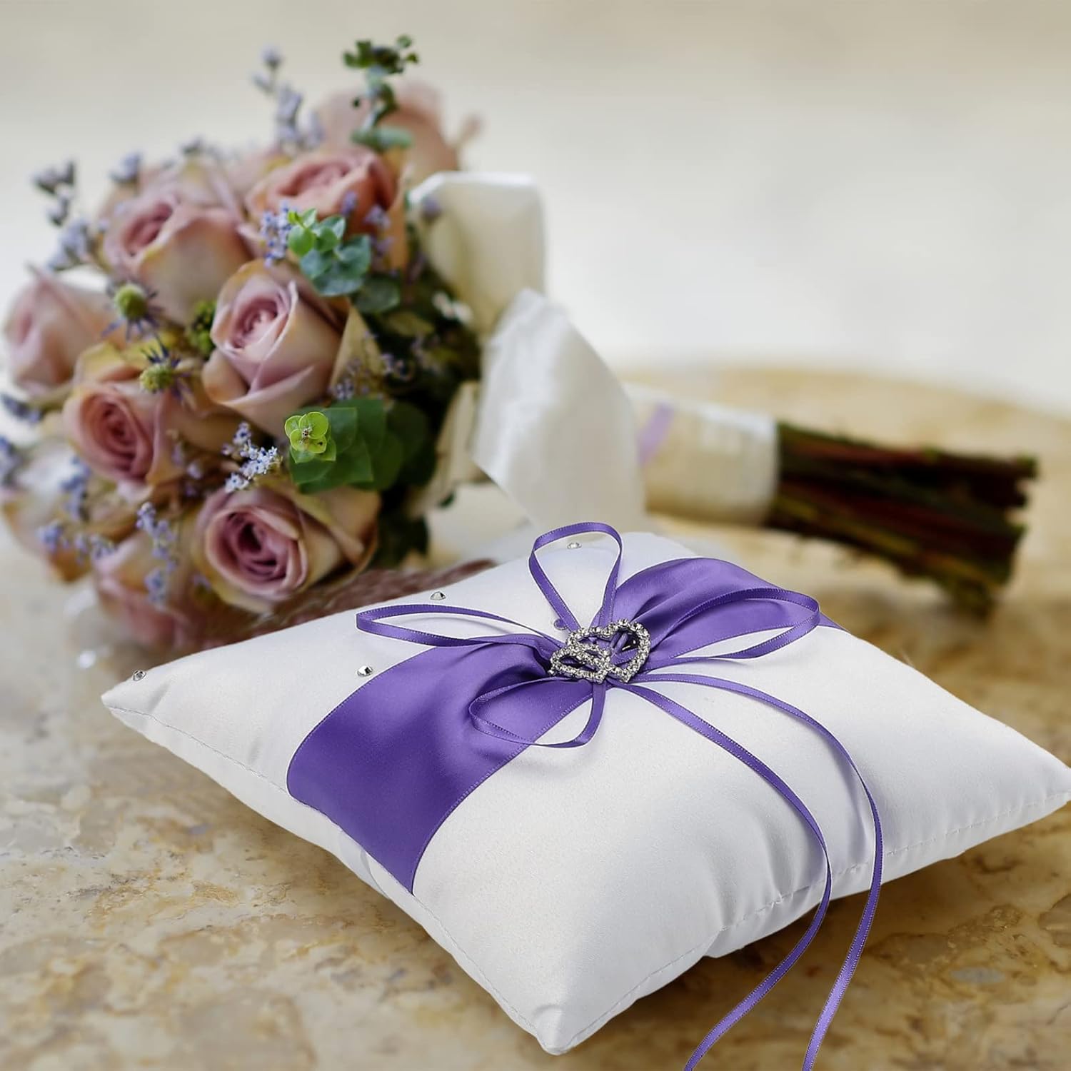 Wedding Flower Girl Basket and Ring Pillow Set with Double Heart Rhinestone