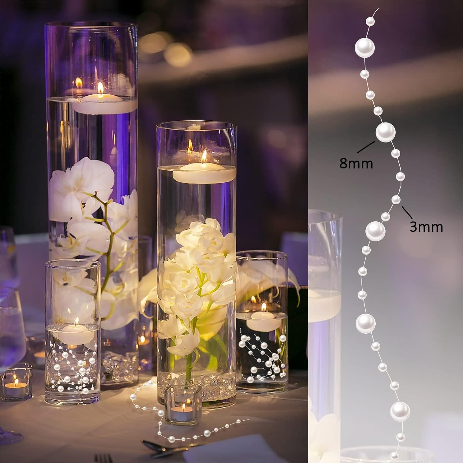 50 Pcs Pearl Strings for Floating Candles White