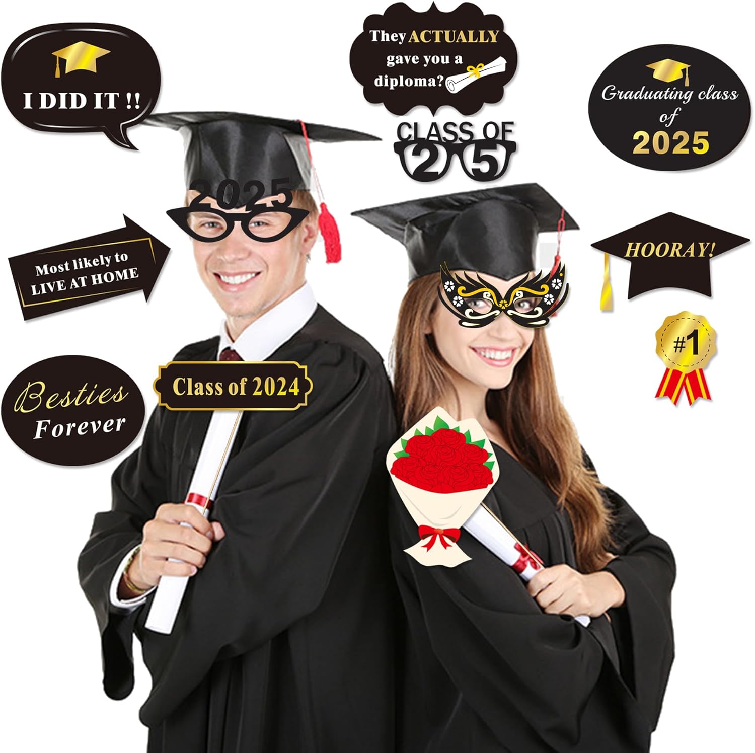 Graduation Photo Booth Props 50Count Black Gold
