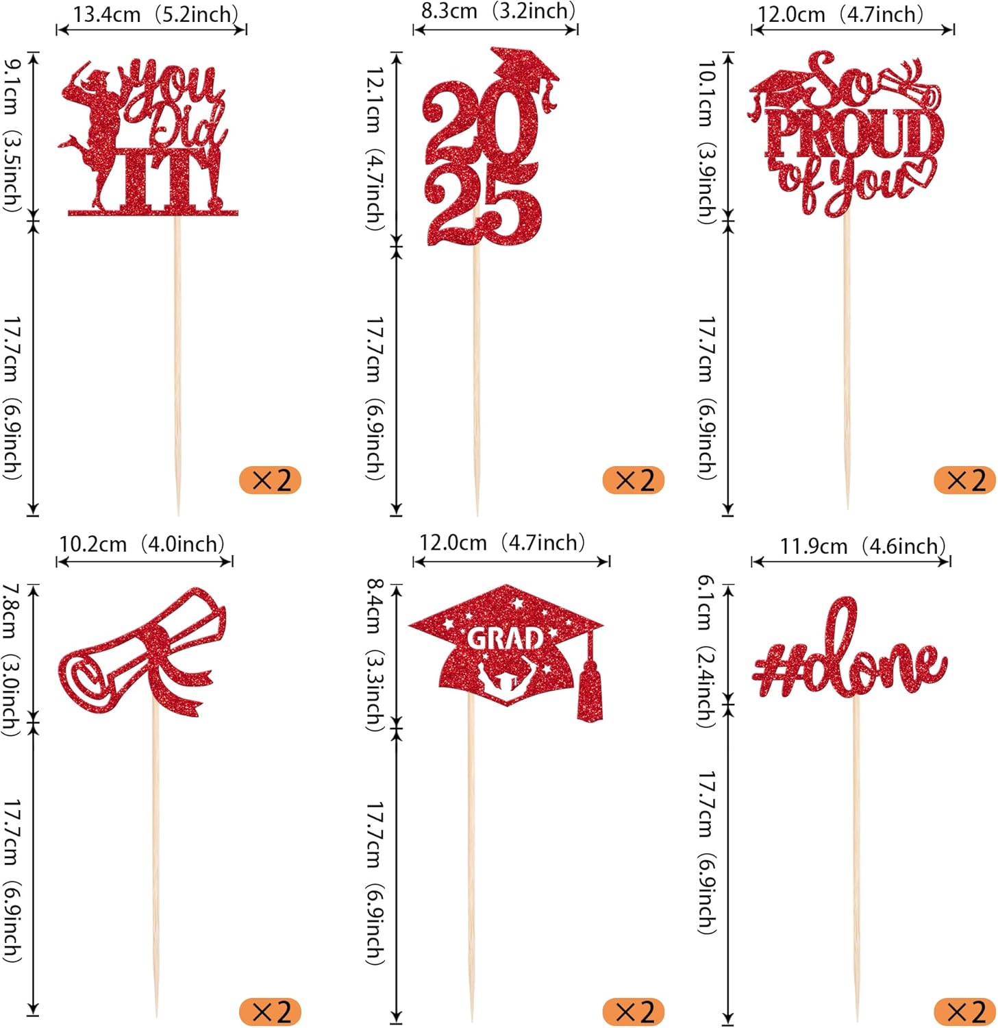 2025 Graduation Centerpiece Sticks Red Glitter