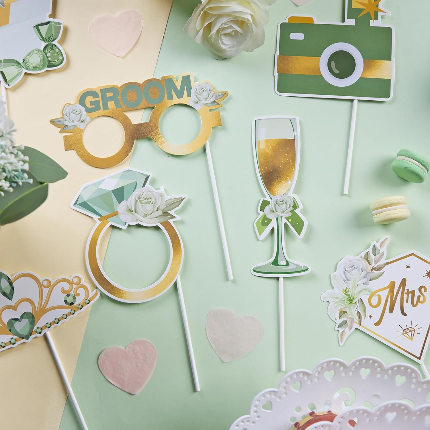 SUNBEAUTY 38 PCS Sage Green Photo Booth Props for Wedding