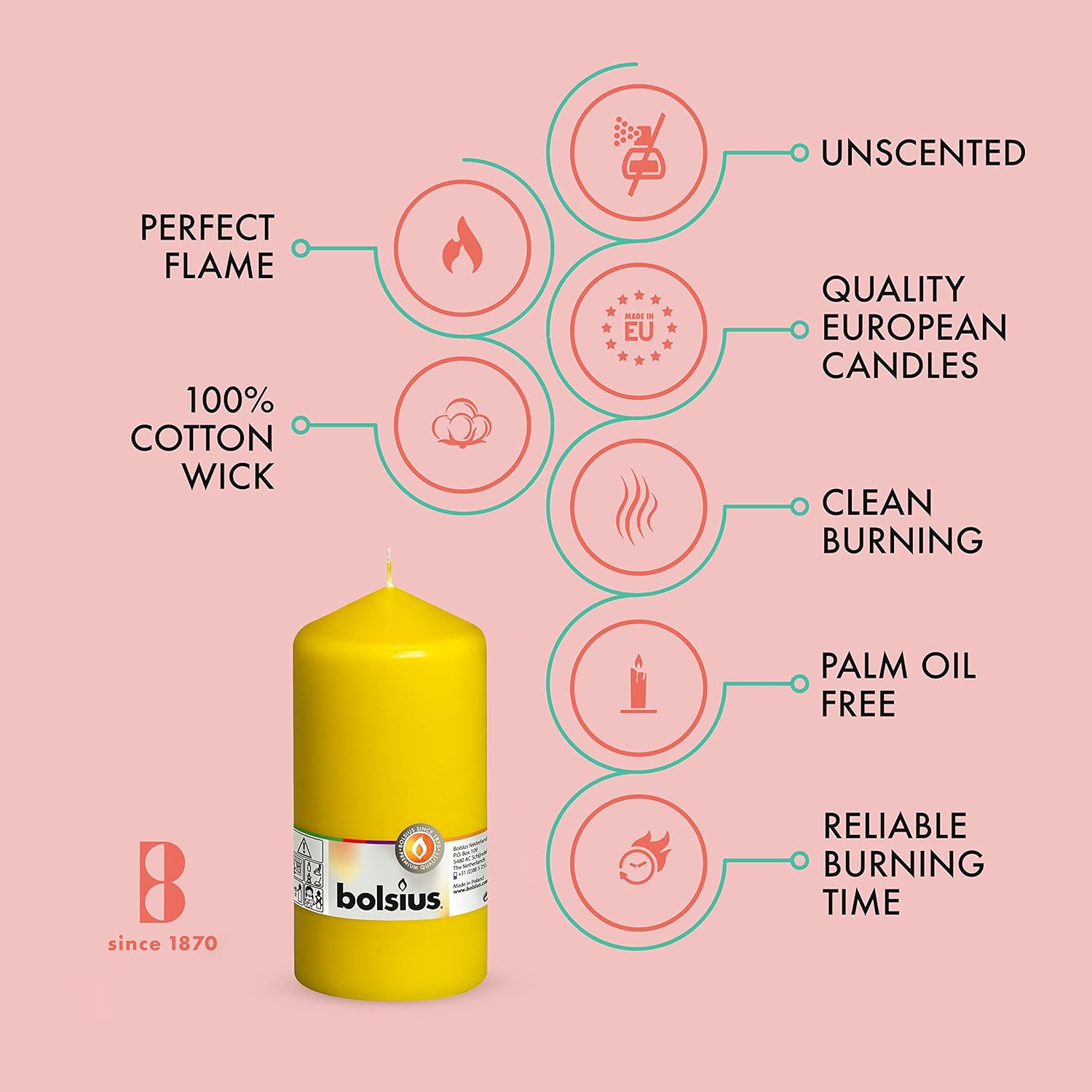 BOLSIUS 4 Yellow Pillar Candles - 3x6 Inches - Unscented