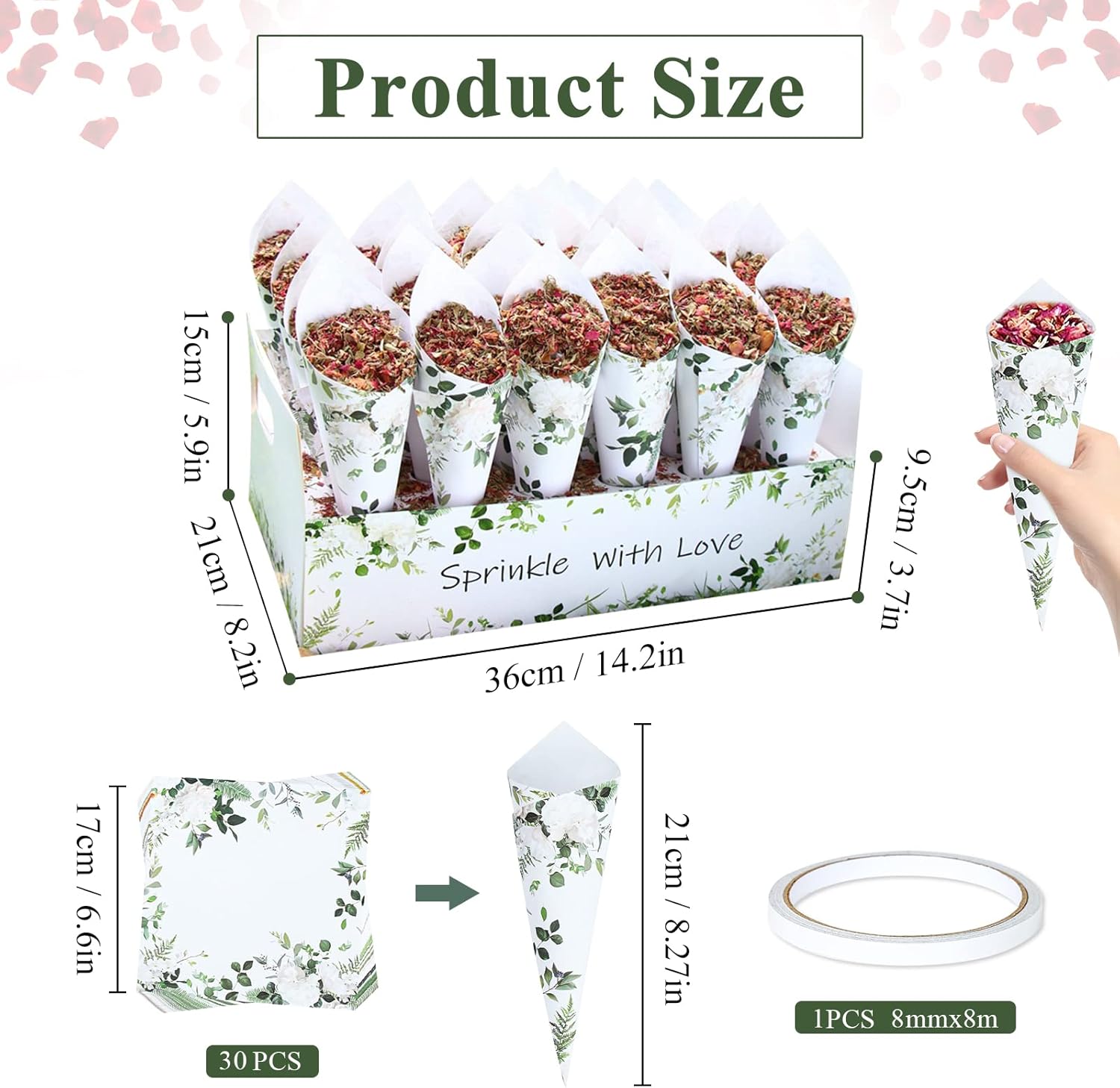 30 Pieces Biodegradable Confetti Cones and Stand Tray Box Green
