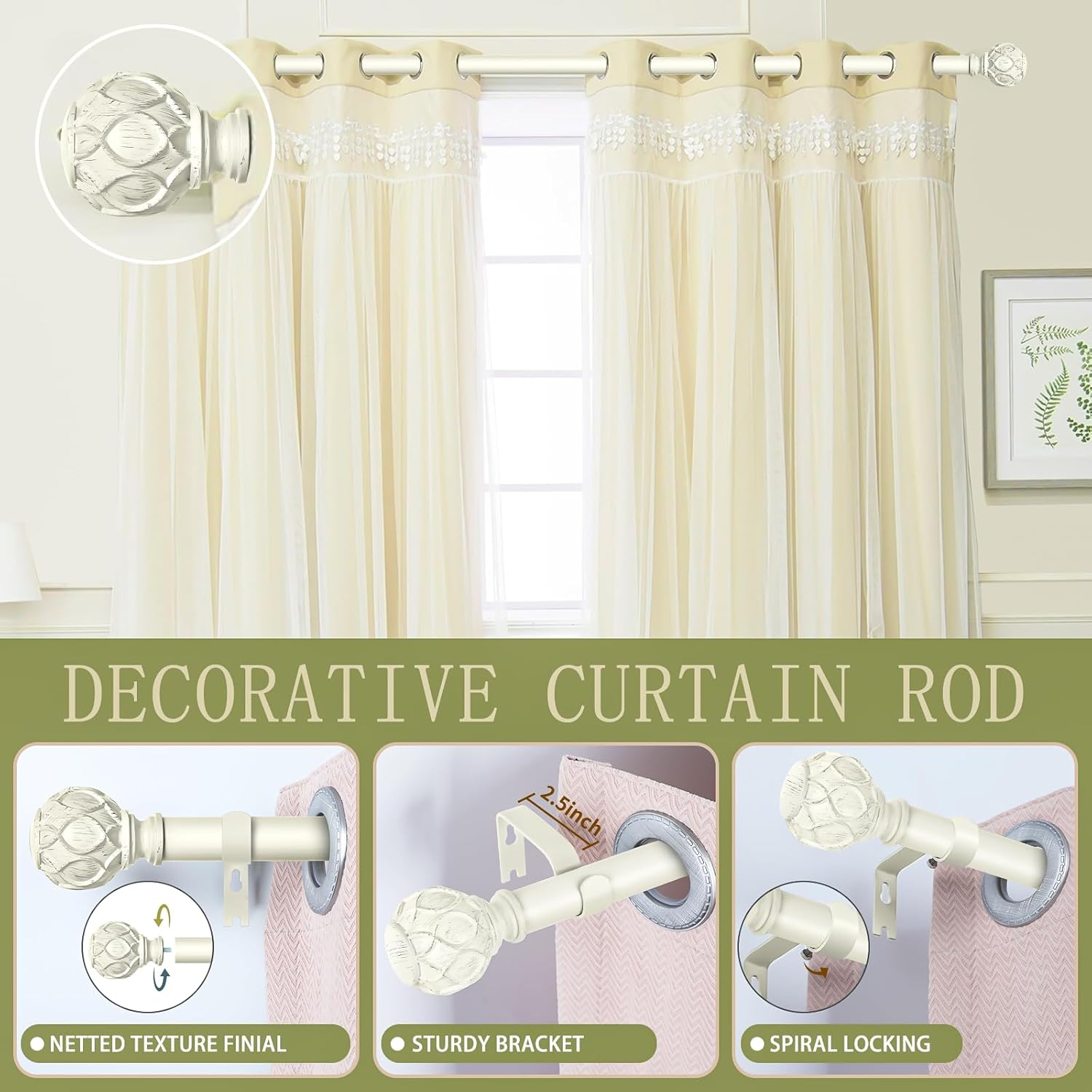 TANGWIN Antique White Farmhouse Curtain Rod Set