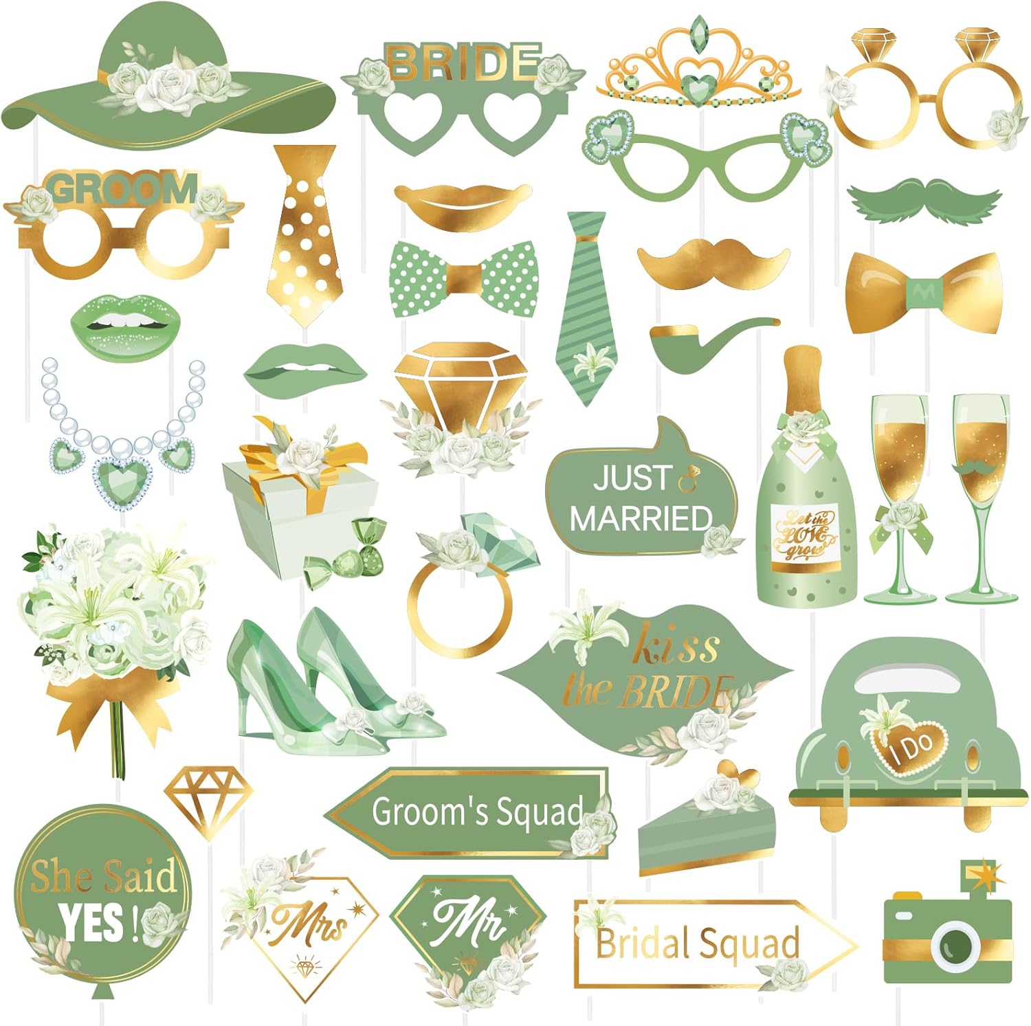 SUNBEAUTY 38 PCS Sage Green Photo Booth Props for Wedding
