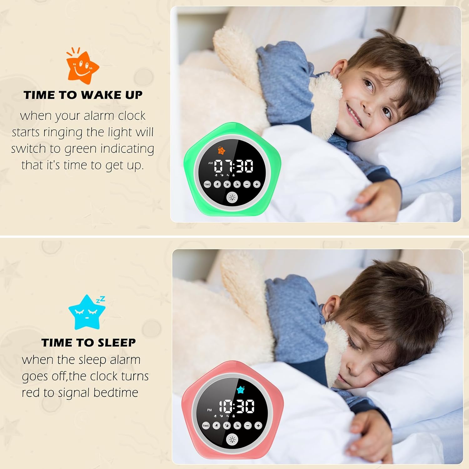 Kids Alarm Clock with Red Green Light and Star Design