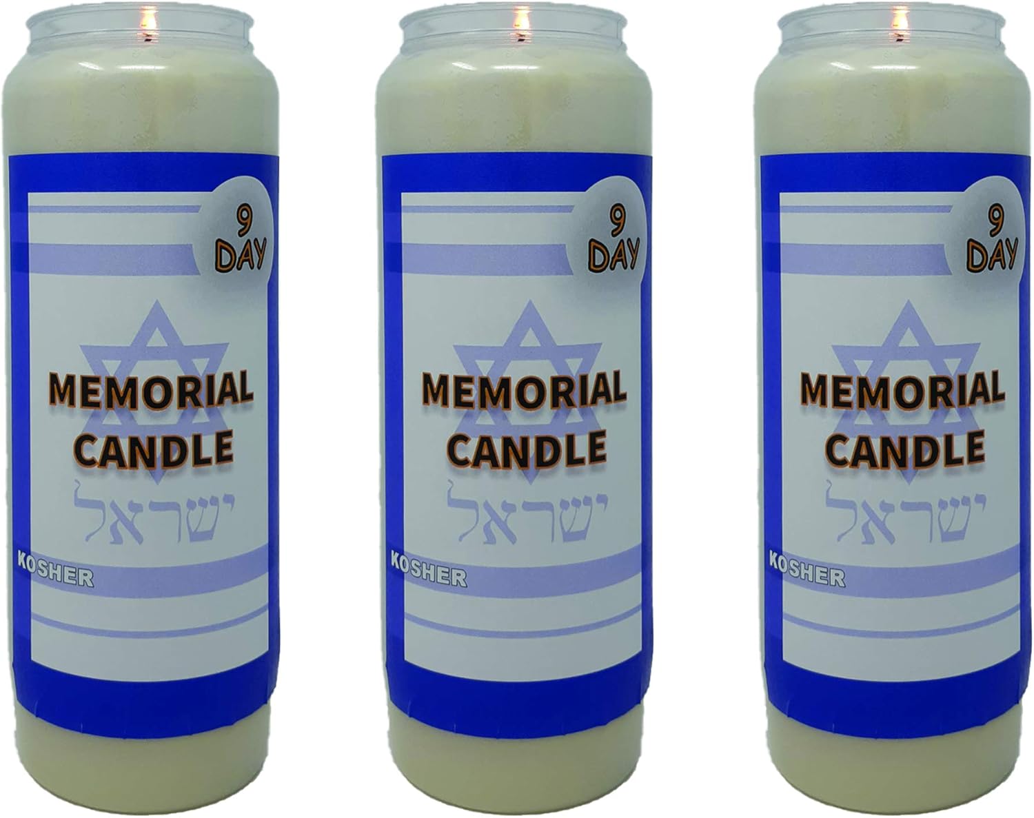 9 Day Memorial Yartzeit Candle with Star of David 3 Pack