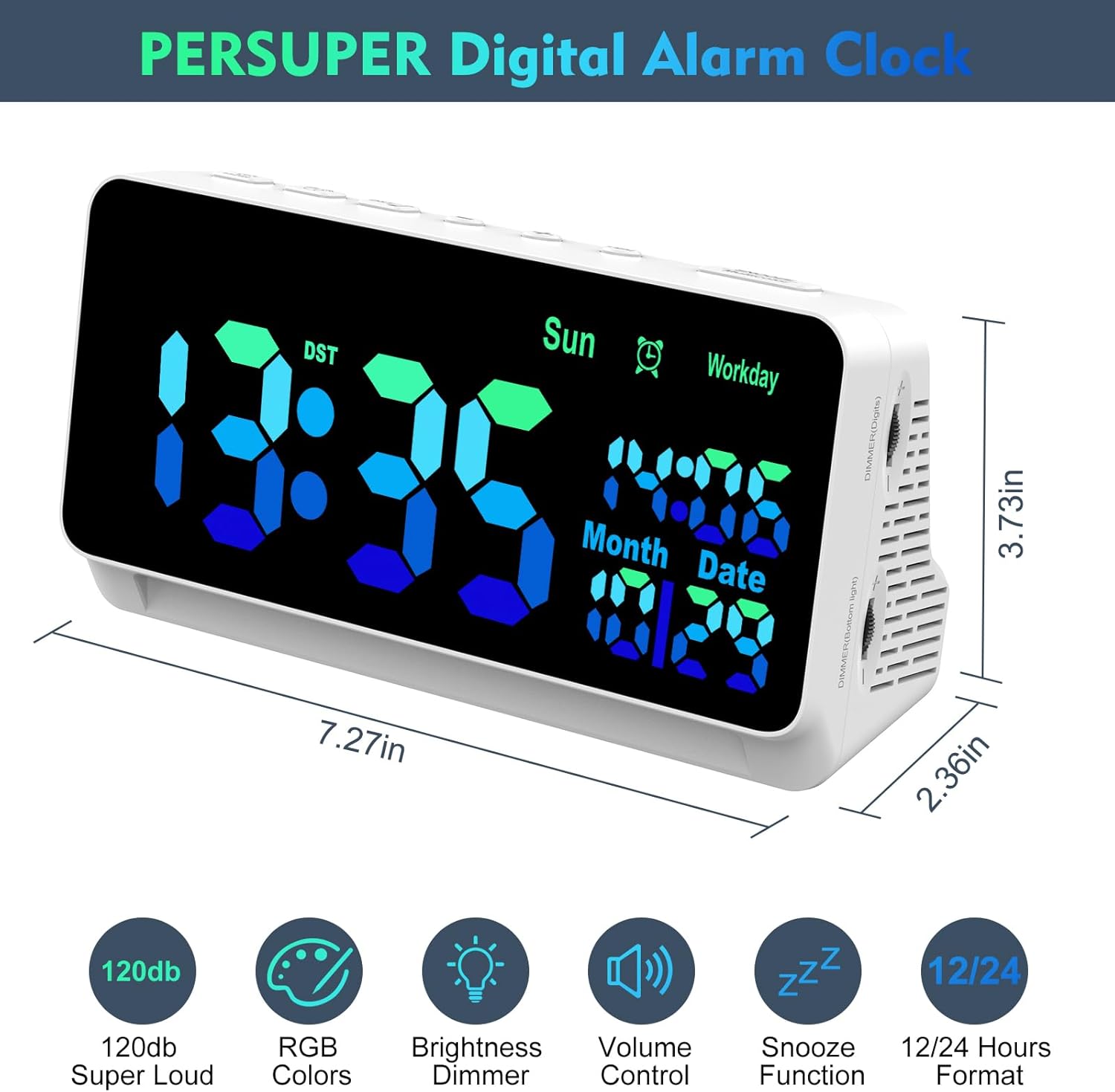 PERSUPER 120db Super Loud Alarm Clock with Bluetooth and RGB Night Light