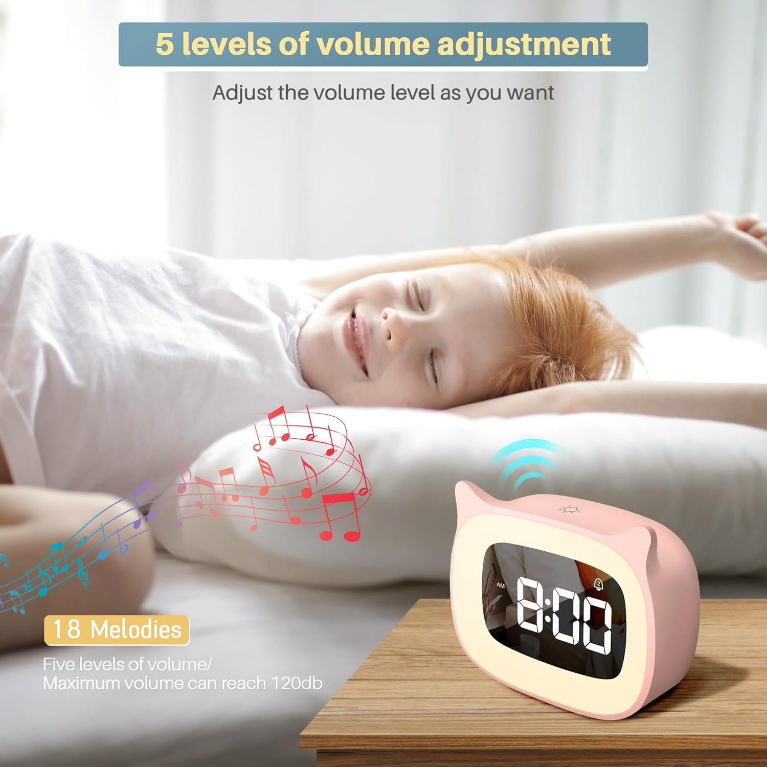 Cute Cat Ear Alarm Clock with Night Light and 18 Ringtones
