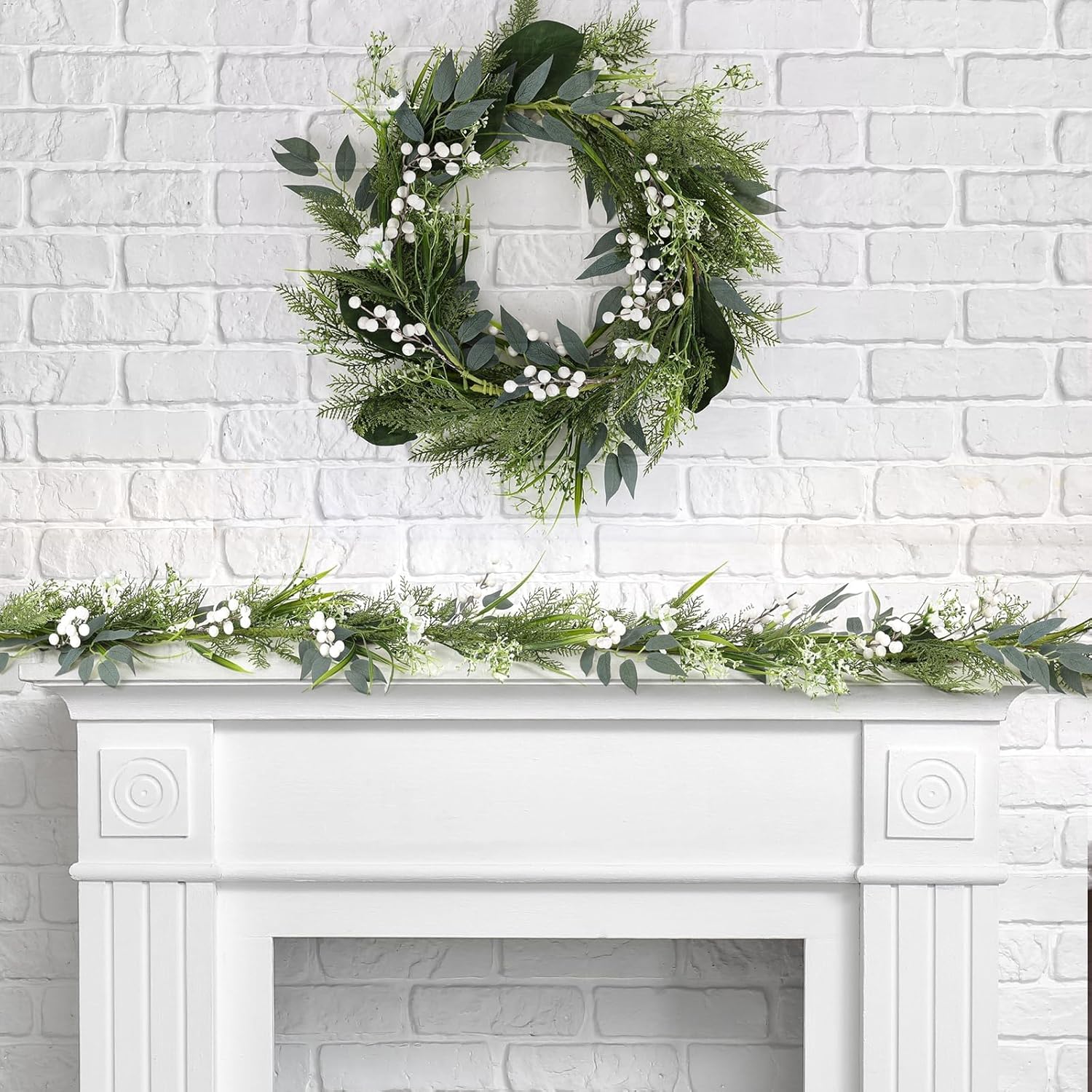 65 Ft Artificial White Flowers Garland with Berries