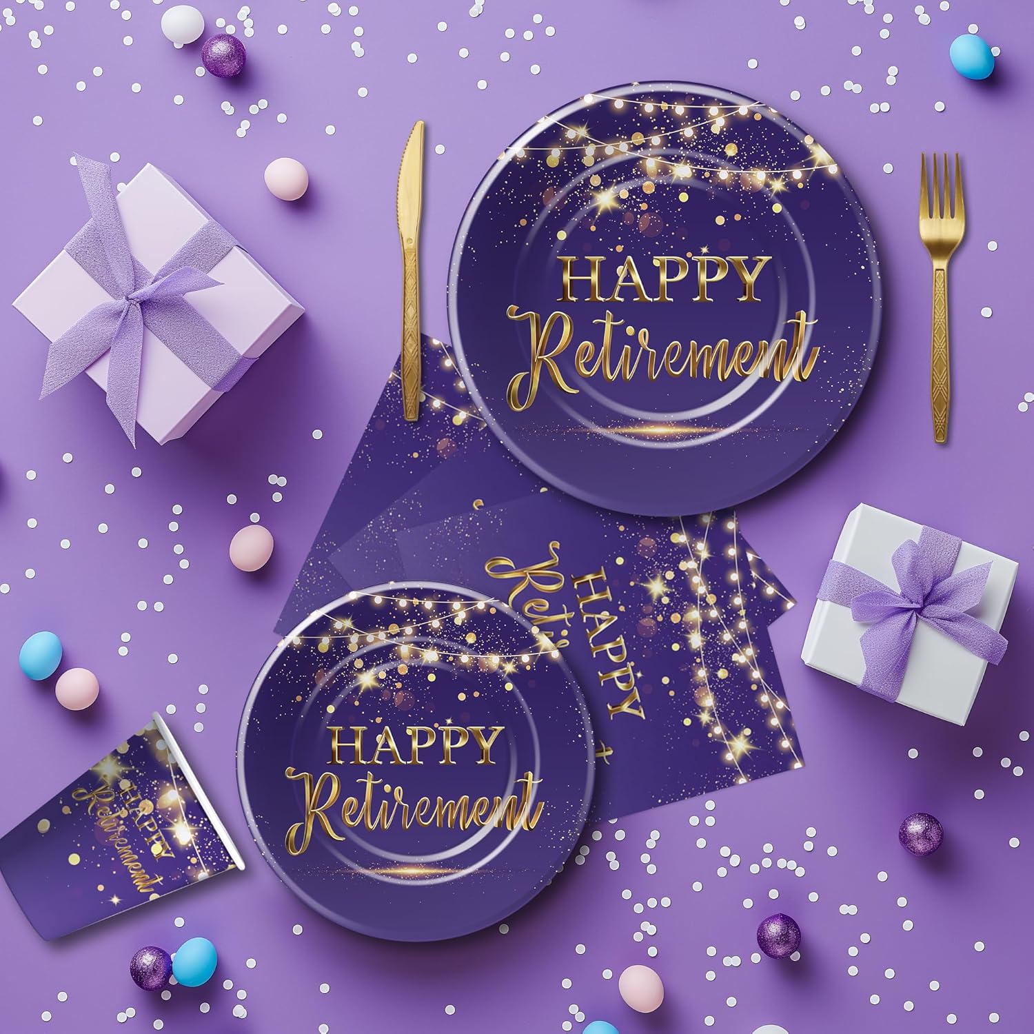 Elegant Purple Retirement Party Tableware Set Serves 24