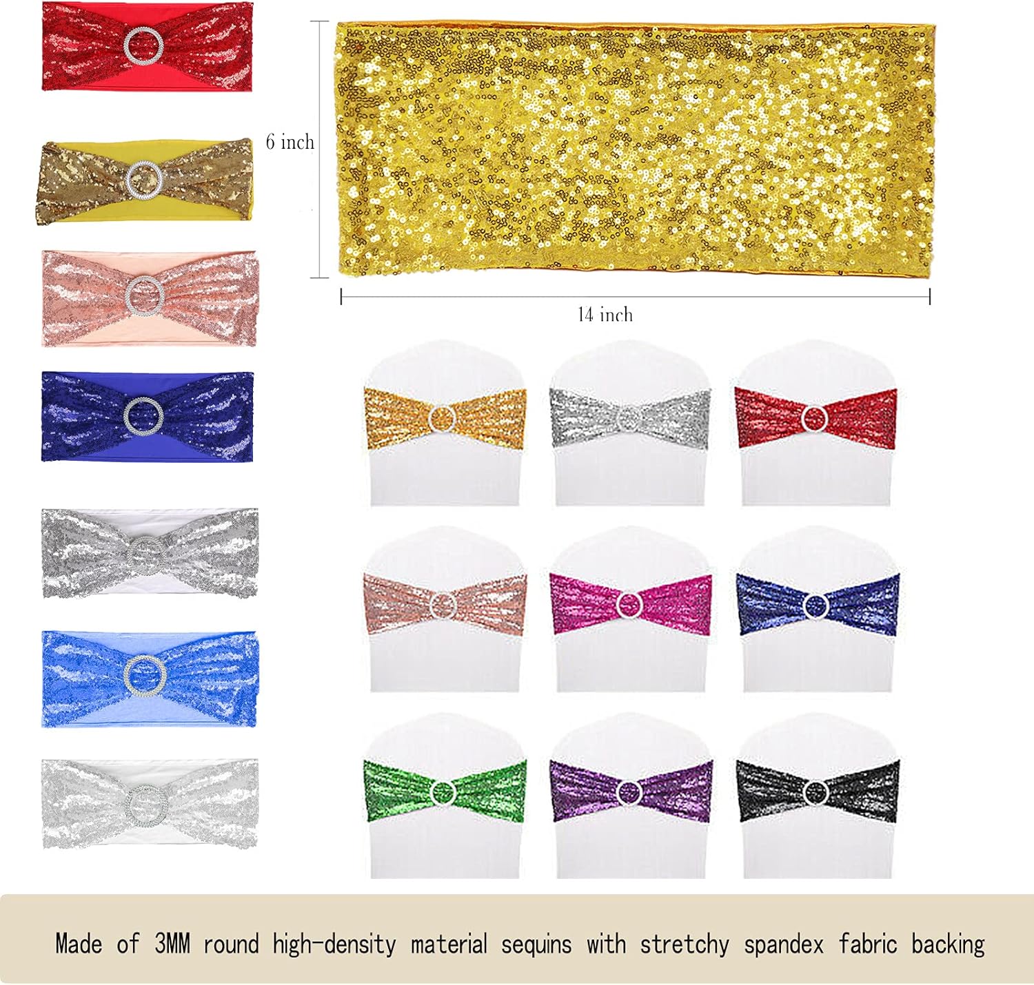 25 PCS Stretch Sequin Chair Sashes for Wedding and Events
