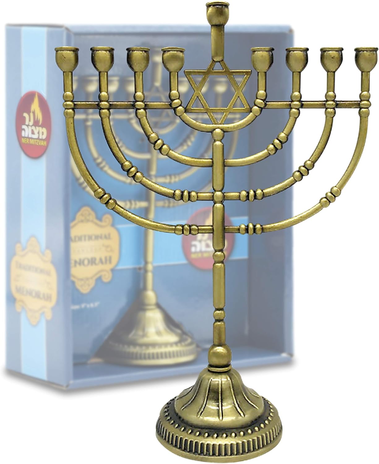 Ner Mitzvah Traditional Bronze Hanukkah Menorah 9 Inch High