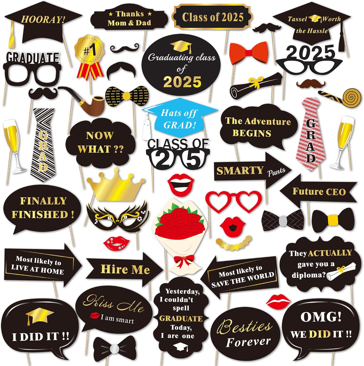 Graduation Photo Booth Props 50Count Black Gold
