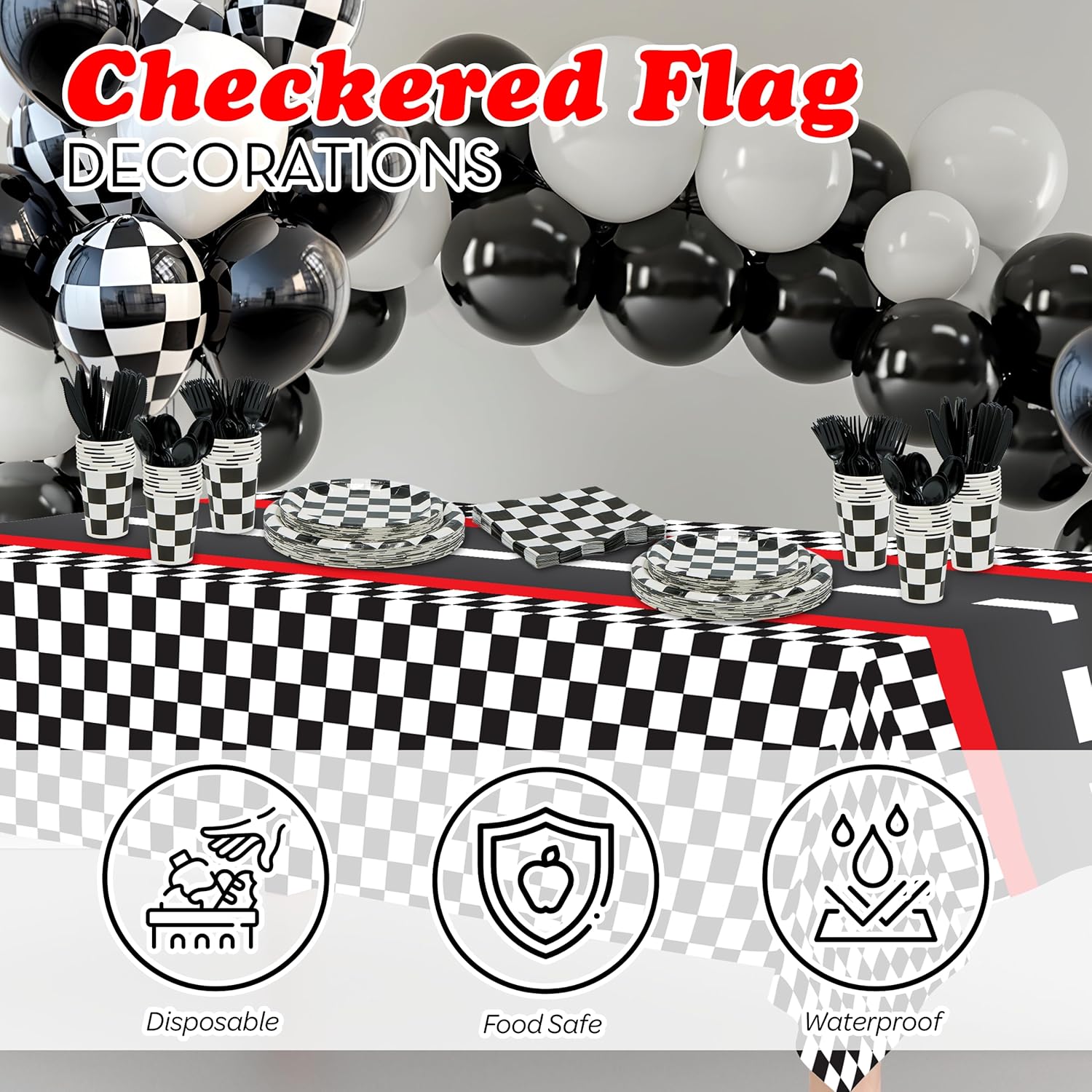Checkered Party Supplies Set Serves 24 for Race Car Themed Events
