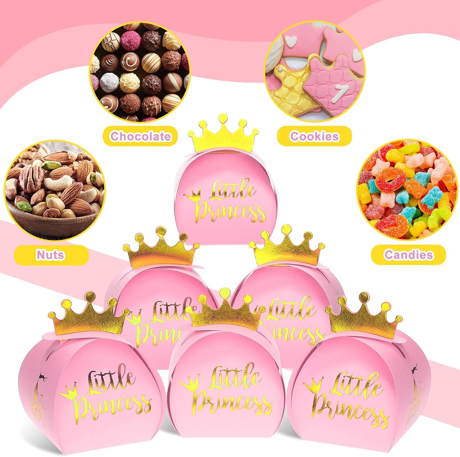 TaoBary 36 Pack Pink Princess Candy Boxes with Gold Crown