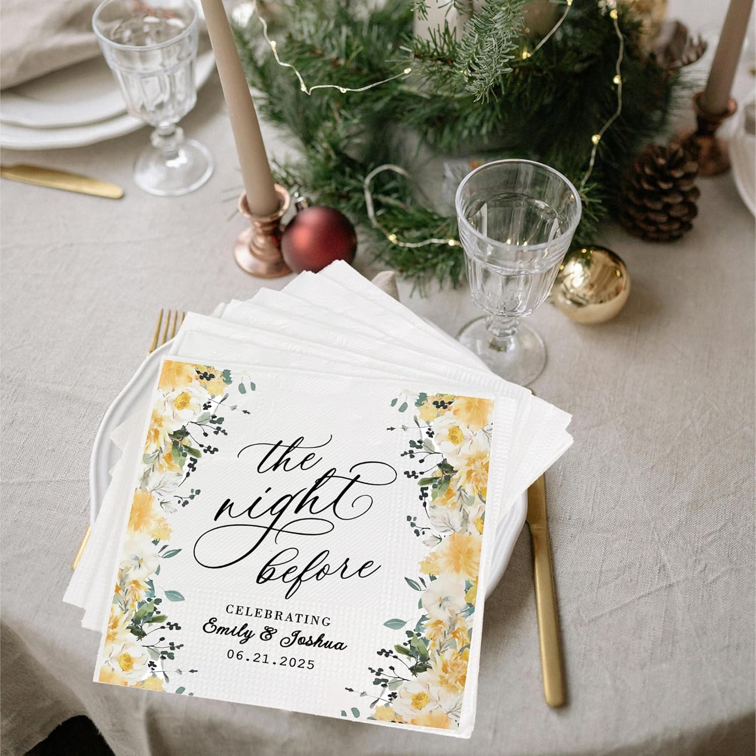 Personalized Rehearsal Dinner Napkins with Floral Design