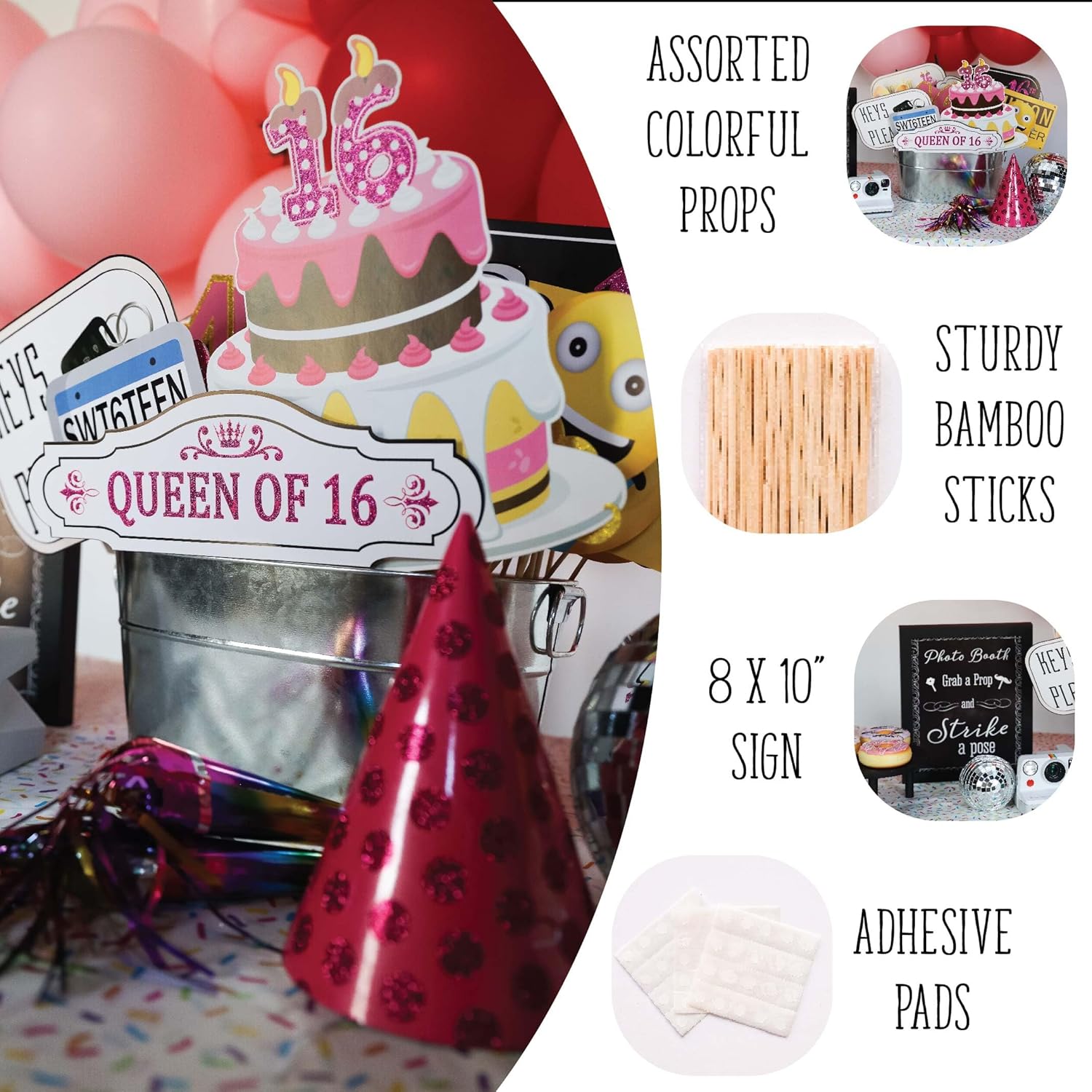 Sweet 16 Photo Booth Props Set - 41 Pieces with Sign and Sticks
