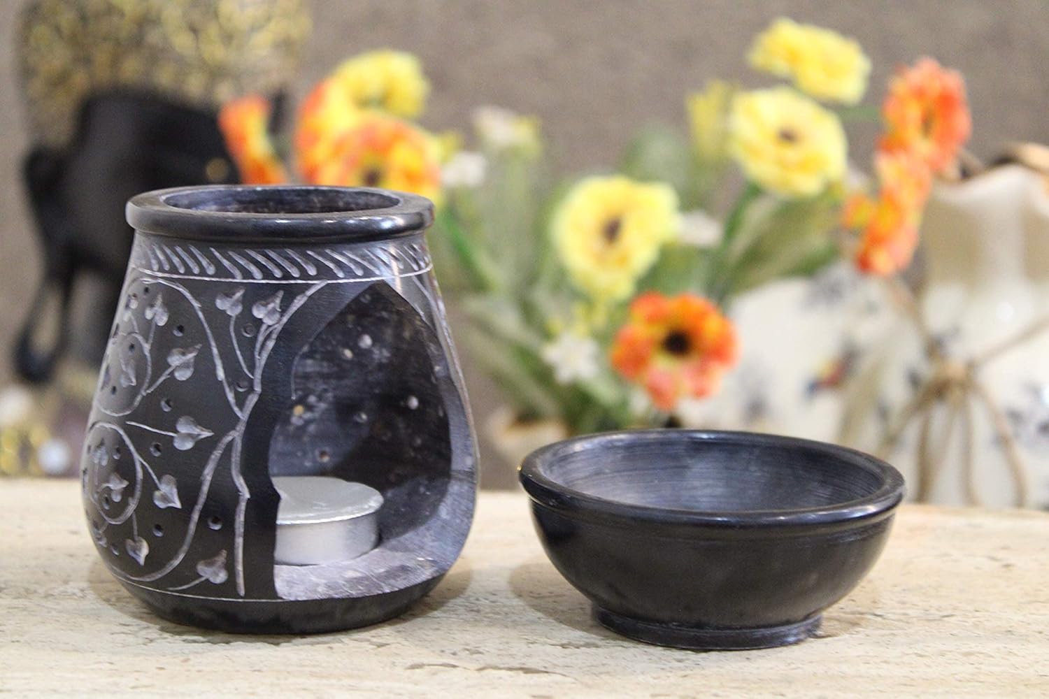 Handmade Soapstone Aroma Oil Burner with Round Floral Carving