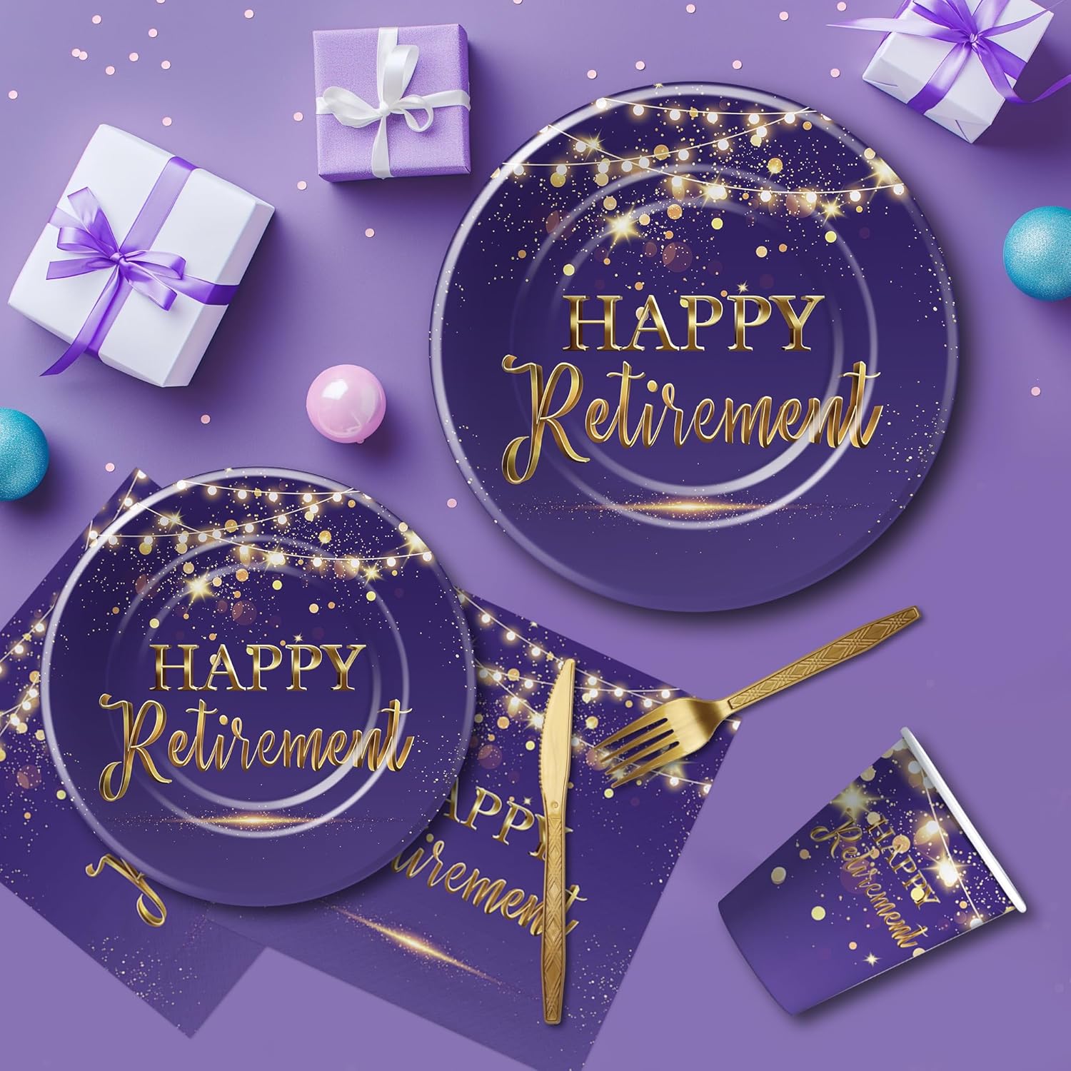 Elegant Purple Retirement Party Tableware Set Serves 24