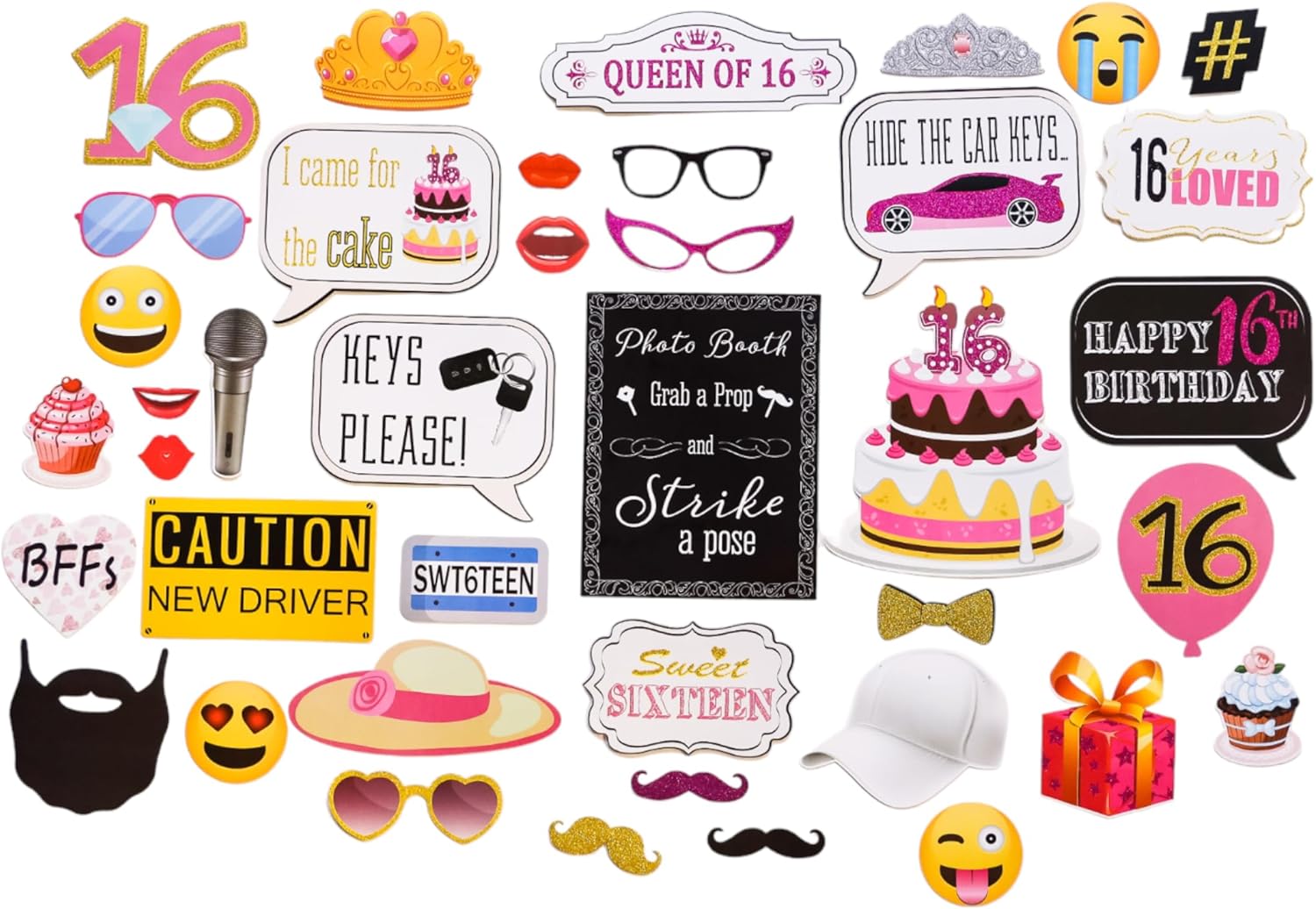 Sweet 16 Photo Booth Props Set - 41 Pieces with Sign and Sticks
