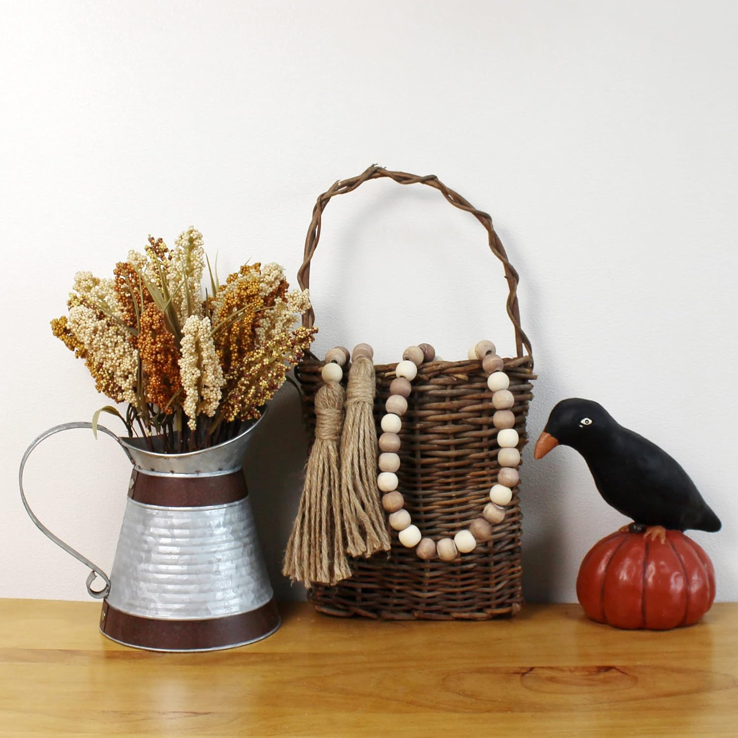 Wood Beads Garland with Tassels Farmhouse Decor Wall Hanging Accent