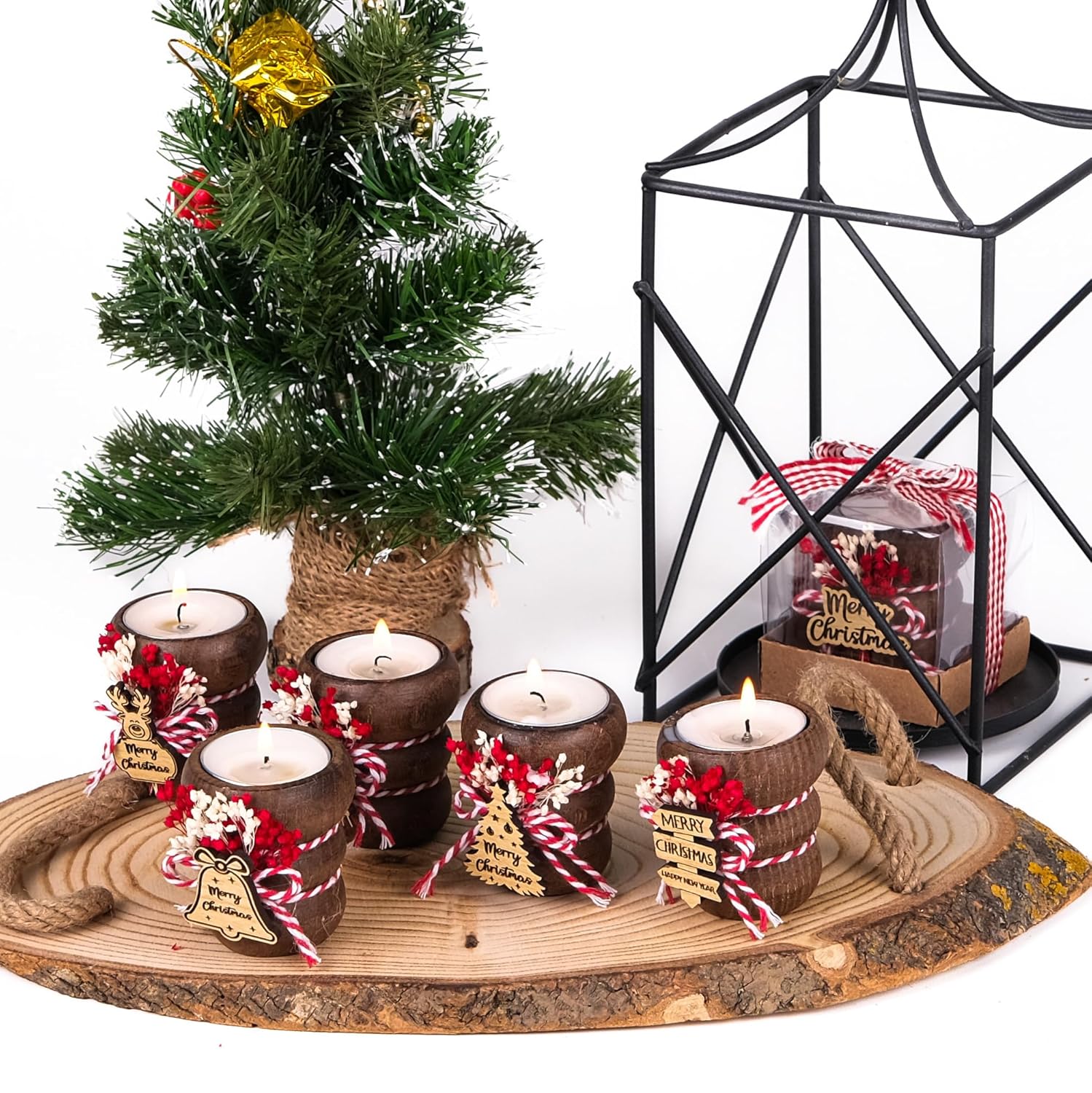 HTF Pack of 10 Christmas Decorations Wood Tealight Candle Holders