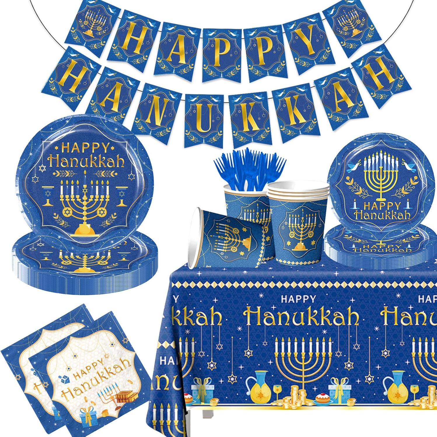 142PCS Hanukkah Party Decoration Set with Menorah Theme Tableware