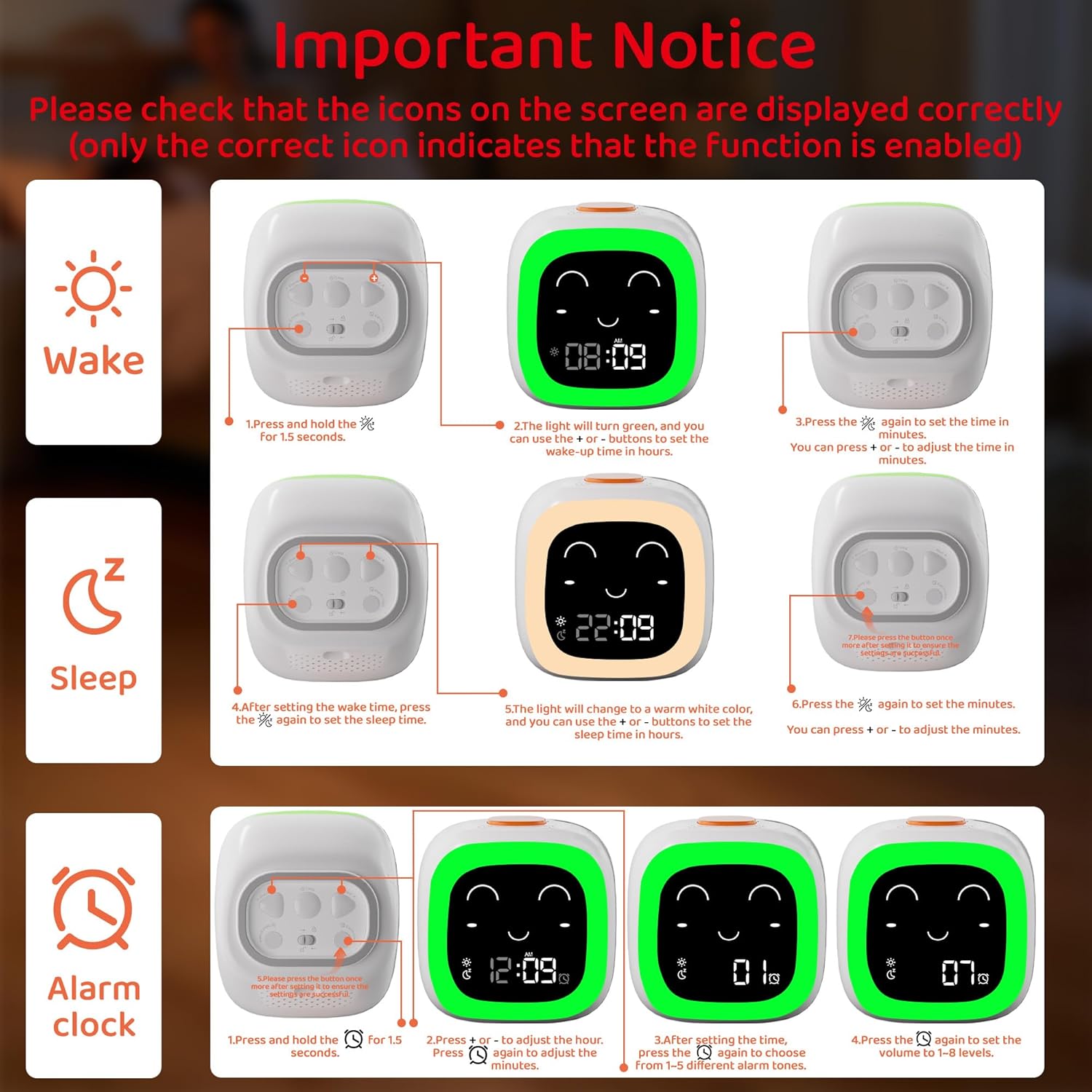 ANTOKING Kids Alarm Clock with Night Light and Sound Machine