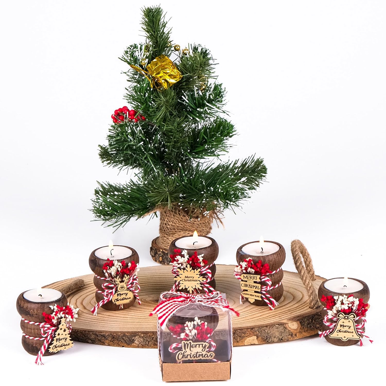 HTF Pack of 10 Christmas Decorations Wood Tealight Candle Holders