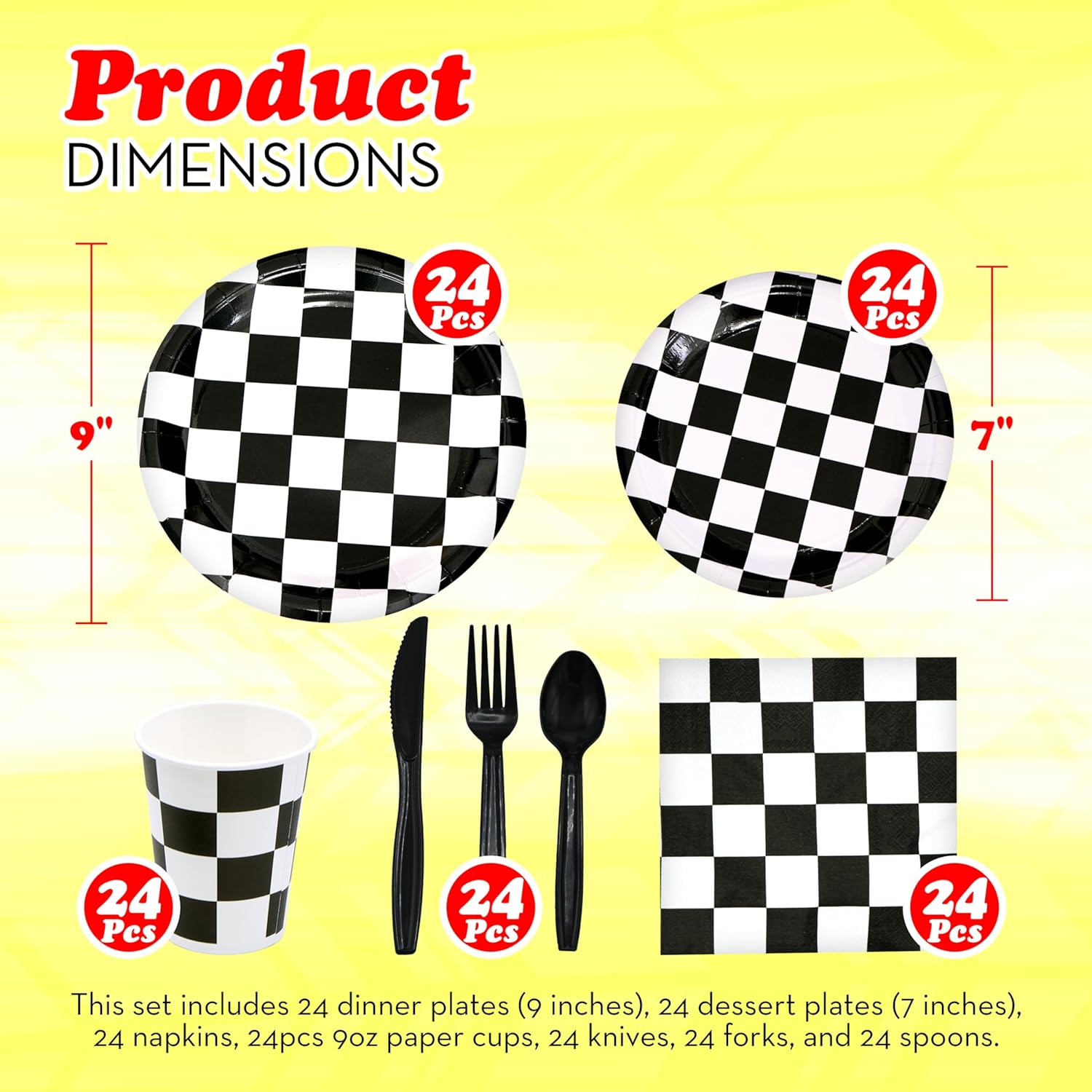 Checkered Party Supplies Set Serves 24 for Race Car Themed Events