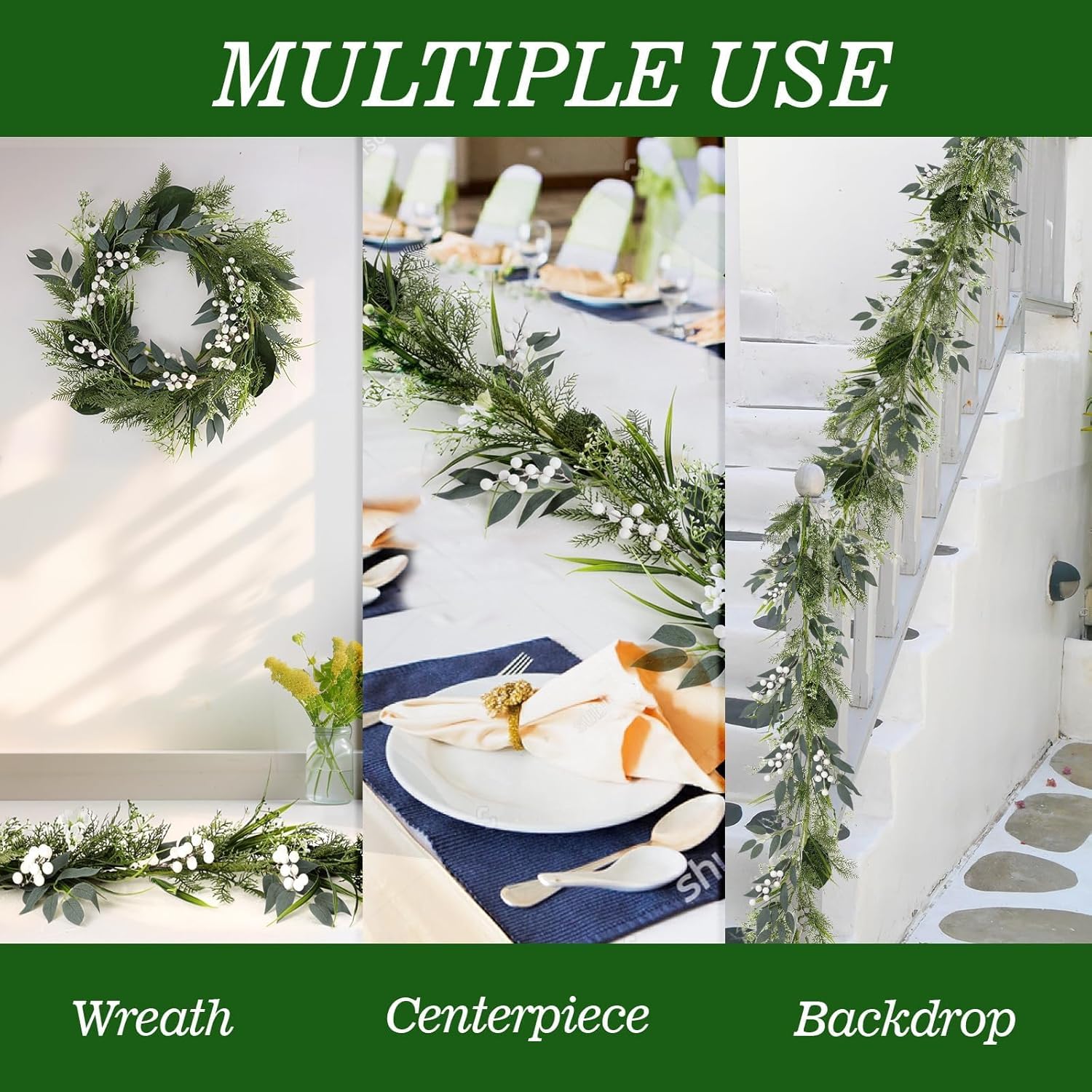 65 Ft Artificial White Flowers Garland with Berries