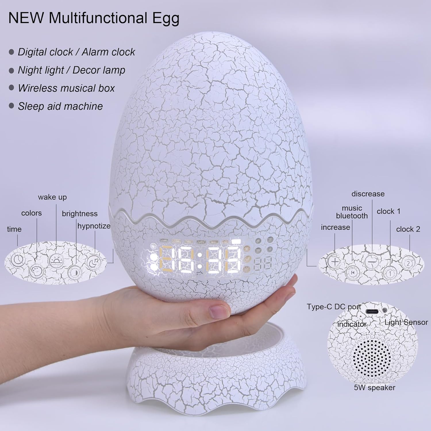 Unique Dragon Egg Digital Clock with Alarm and Bluetooth Speaker