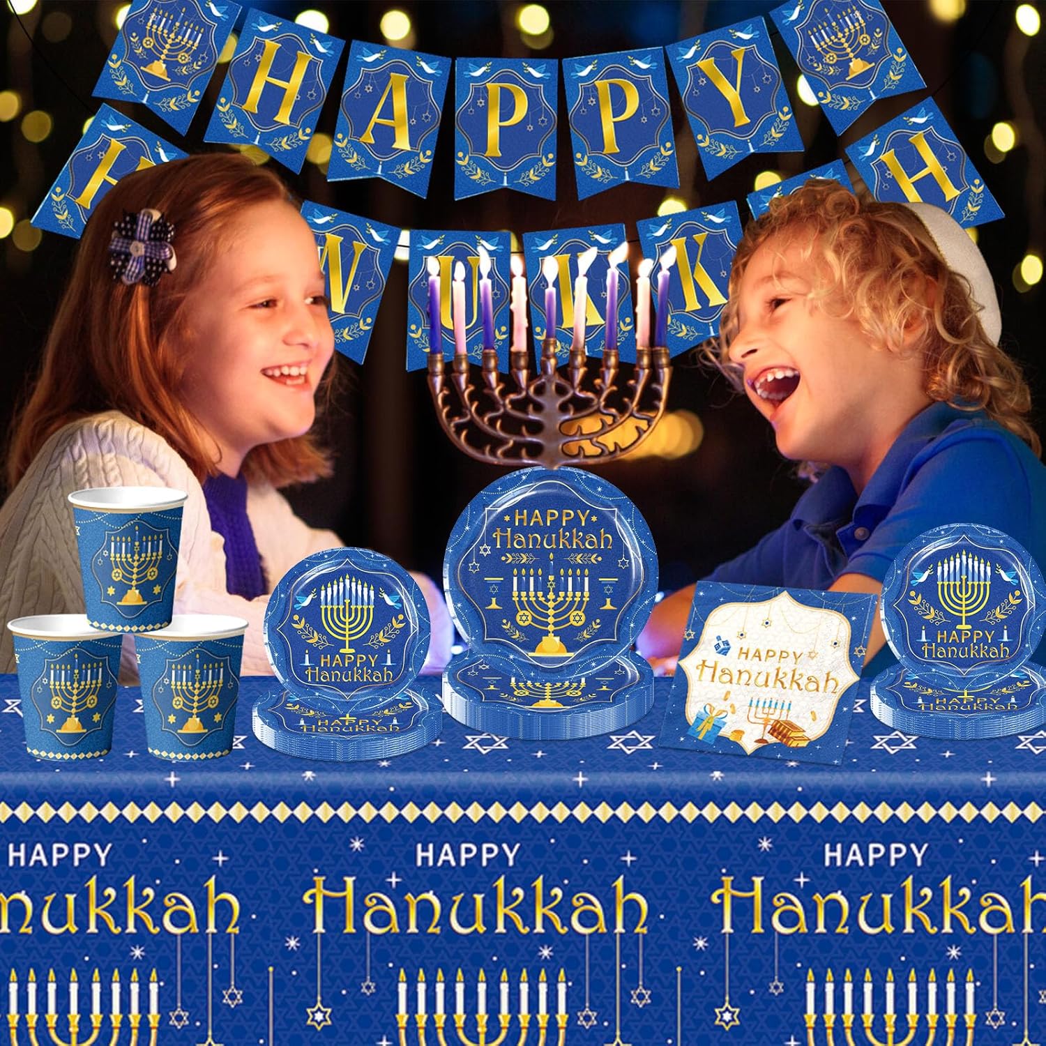 142PCS Hanukkah Party Decoration Set with Menorah Theme Tableware