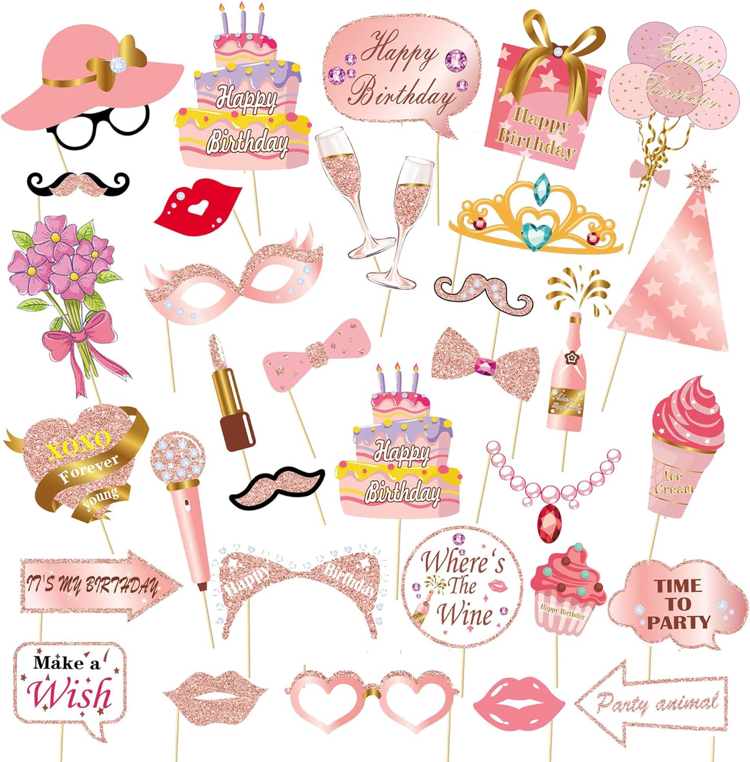 33PCS Glitter Rose Gold Photo Booth Props for Birthday