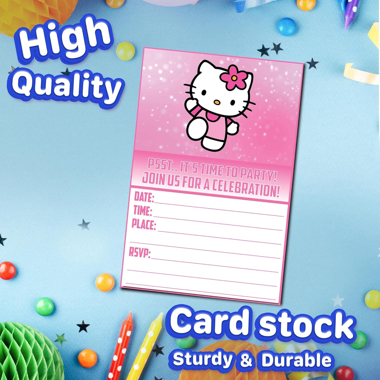 Set of 30 Cute Pink Cat Birthday Invites - Lightweight Party Cards