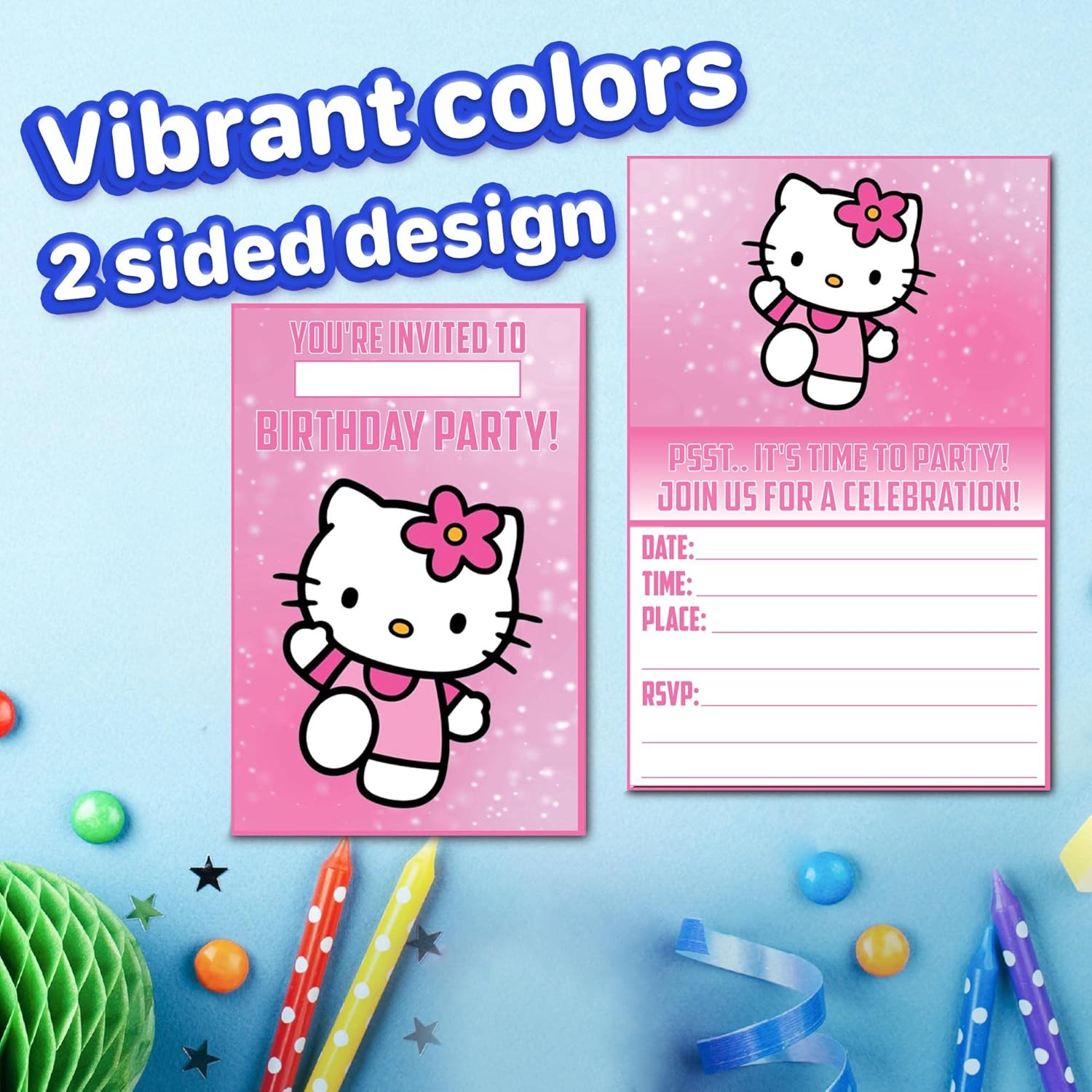 Set of 30 Cute Pink Cat Birthday Invites - Lightweight Party Cards