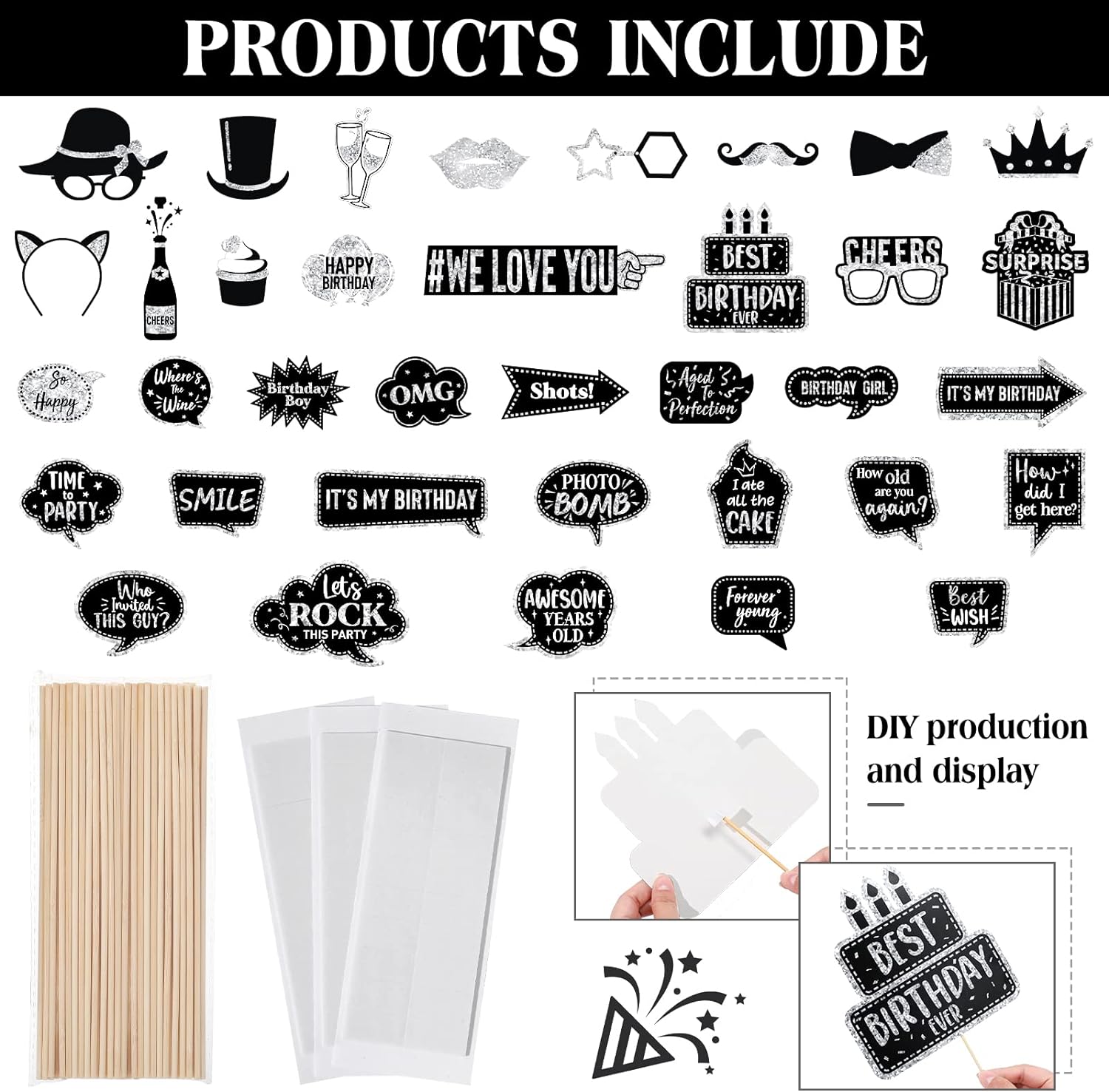 Outus 36 Pcs Birthday Photo Booth Props Kit