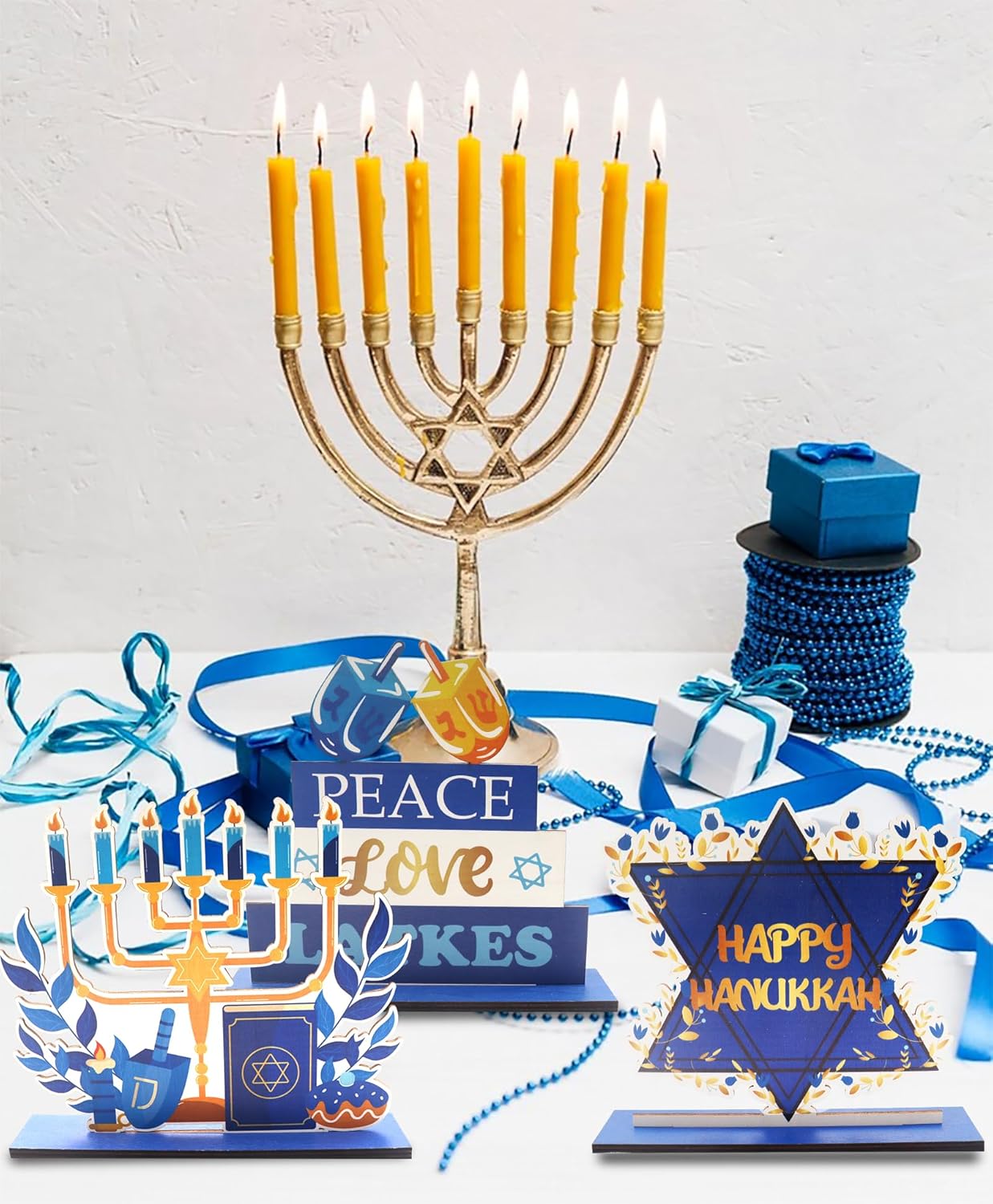 3 PCS Happy Hanukkah Table Centerpieces with Menorah and Star of David