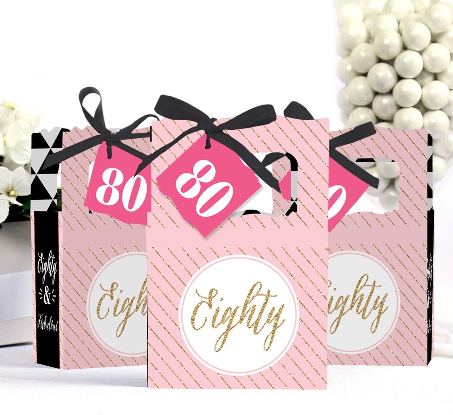Chic 80th Birthday Favor Box Set of 12 Pink Gold Black