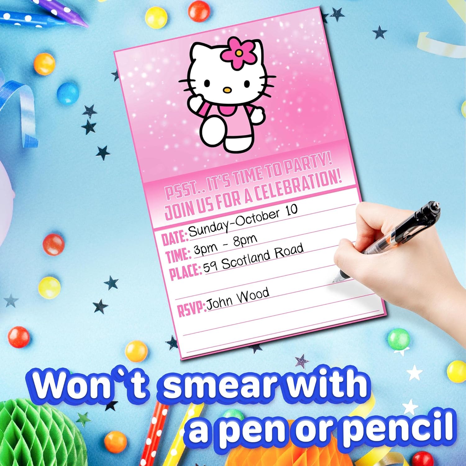 Set of 30 Cute Pink Cat Birthday Invites - Lightweight Party Cards