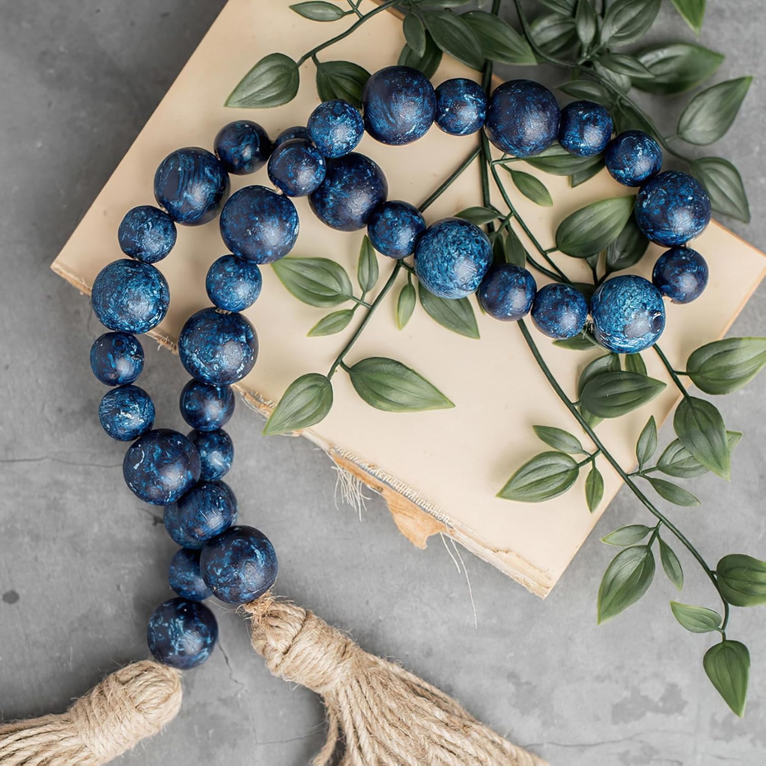 Handcrafted Rustic Blue Wooden Beads Garland with Tassel